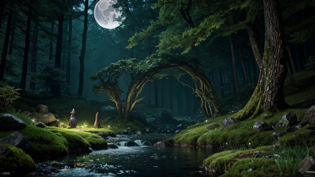 giant beautiful lady stone statue, glowing moss, night forest, moon, glowing insects, water stream, hidden abandoned place, dnd, elden ring, fantasy setting, hd, unreal engine render, ray tracing, artstation, medieval setting, magic, closeup look on the statue