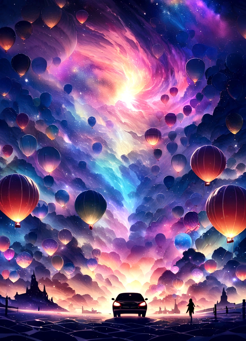 Otherworldly, Surreal landscape with vibrant purple and gold sky filled with sparkling stars and gracefully floating hot air balloons. The sky appears to be swirling like a galaxy, Creates a mesmerizing swirl effect. Under, The winding road continues to the horizon, People looking at the breathtaking view with cars parked next to them々A small silhouette of. The atmosphere is magical and dreamy, With exaggerated colors and fantastical elements