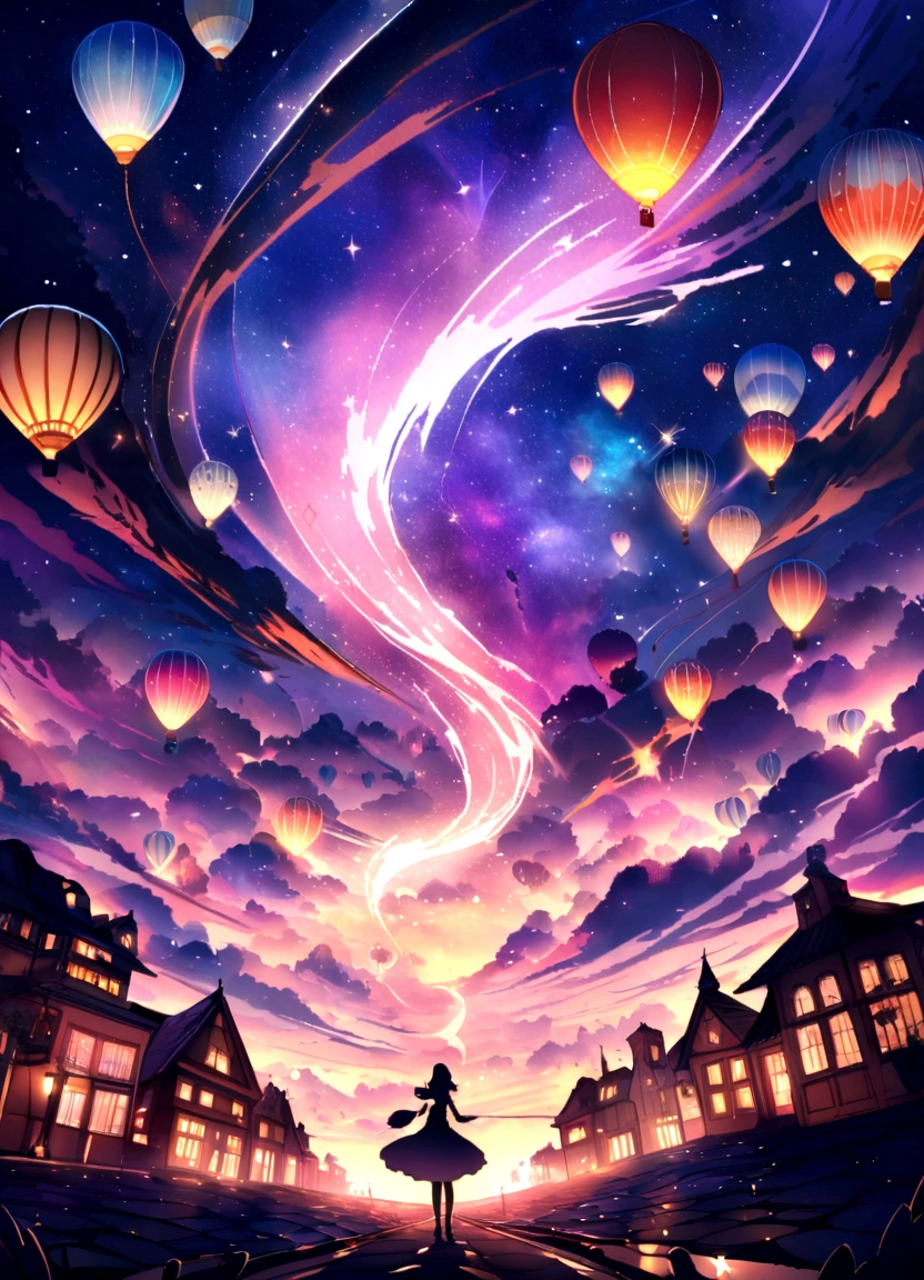 Otherworldly, Surreal landscape with vibrant purple and gold sky filled with sparkling stars and gracefully floating hot air balloons. The sky appears to be swirling like a galaxy, Creates a mesmerizing swirl effect. Under, The winding road continues to the horizon, People looking at the breathtaking view with cars parked next to them々A small silhouette of. The atmosphere is magical and dreamy, With exaggerated colors and fantastical elements