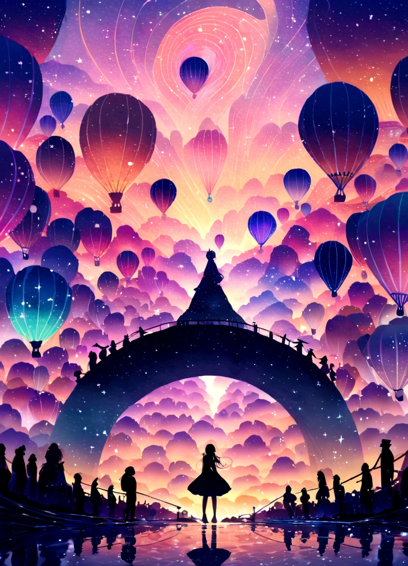 Otherworldly, Surreal landscape with vibrant purple and gold sky filled with sparkling stars and gracefully floating hot air balloons. The sky appears to be swirling like a galaxy, Creates a mesmerizing swirl effect. Under, The winding road continues to the horizon, People looking at the breathtaking view with cars parked next to them々A small silhouette of. The atmosphere is magical and dreamy, With exaggerated colors and fantastical elements