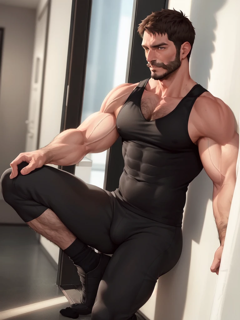 1 male, Chris Redfield 50 yo, male focus, beard,muscular male,  short hair, pushed back hair style, mature male, (black tank top:1.3), pectoral cleavage, mustache, brown hair, hand on chest, indoors, blue eyes, chest hair, covered abs, muscled legs, big feets, hairy legs,  window, door,black briefs, wearing no shoe, black socks(black socks:1.3), full body shot, bulge, focus on socks