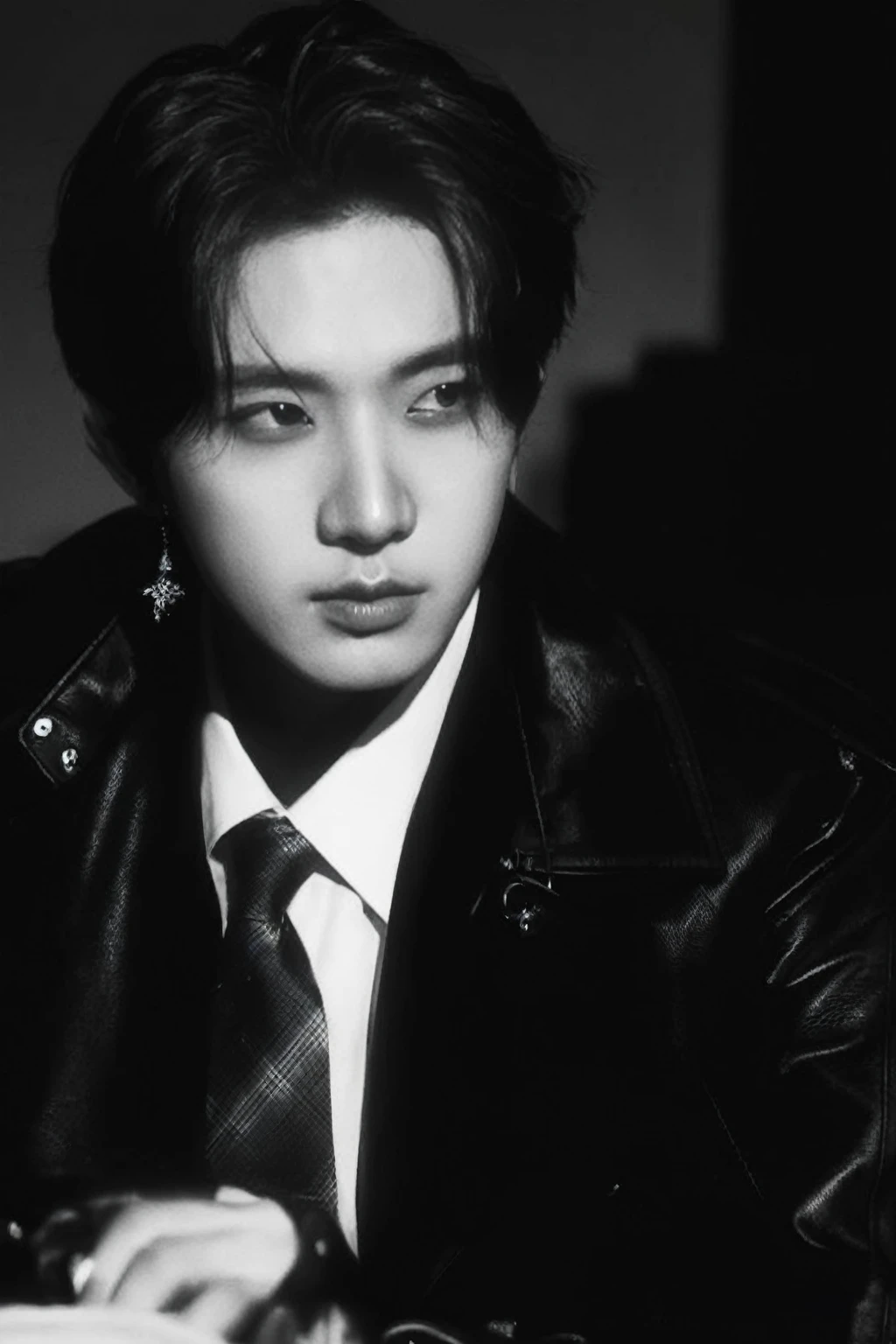 Arafed image of a man in a leather jacket and tie., cai xukun, kim taejin, jinyoung shin, key still, close up portrait, black haired yoongi, hyung tae, closeup portrait, jungkook, Jung Jaehyun, Official photo, close - up portrait, ten reads, Conceptual photo, from my part, portrait, jinyoung shin aesthetic