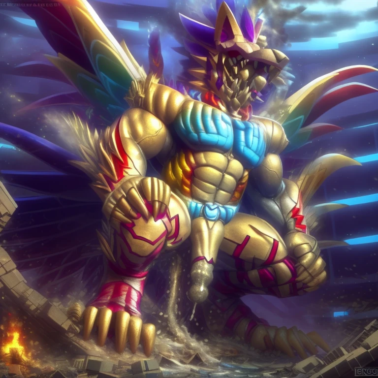 (masterpiece. official art. 8k. best quality. detailed full body. full body.)
(situation 1 : dominating The Phoenix Wolf. The Phoenix Wolf is over 1000 meters long. focus giant mechanical Muscular The Phoenix Wolf is trampling the car. Looking down.)
(situation 2 :smoke and flames rising from the destruction in the city)
(Additional details 1: Wearing golden Armor. Cape. Helmet. real texture material. whole body shines like metal. emphasizes the muscles. suit fully made of metal. Robotic suit. no face.).
(Additional details 1.5: The arms are golden. The lower half of the body is golden. The wolf-shaped helmet has sharp fangs. The whole body is golden. The chest area is also golden. There is a ring above the head.).
(Additional details 2: Detailed head. Detailed Body. Detailed abs. gigantic muscles. HYPER MUSCLES. Gigachad Muscular. big muscle. pecs. triceps. traps. unusually developed muscular body. body full of huge muscles. showing off muscles. pectorales enormes. Exaggeratedly huge muscles. huge muscles. long legs.).
(Additional details 3: Spread wings. It has wings. The claws are sharp. Sharp teeth.). He is laughing defiantly. The claws are sharp. Sharp teeth.).
(Additional details 3.5 : nj5furry, He is laughing defiantly. medieval armor.).
(Additional details 4: golden dick, golden cock, golden hyper penis. hyper golden penis. big penis)
(Additional details 6 : Spraying hyper cum up everywhere into the sky from his erect penis. wide spray of cum, covered in cum, cum splashing in front of camera, crowd of naked muscular male spectators, bukkake, City is under a thick later of cum.)