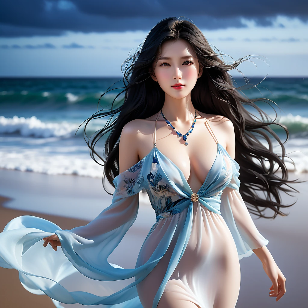 4K resolution,8K resolution,beautiful,Highest quality,it is really amazing,Very detailed,Ultra-high resolution,masterpiece,Realistic,Hair fluttering in the wind、The ebb and flow of the ocean waves、Realistic,Increased depth of field,Cinematic Light,
Elegant adult woman,
Long black hair,精巧なディテールのbeautiful顔,Watery eyes,Sensual look,Translucent white skin,Very sensitive skin,Great proportions,Glamorous Body,Anatomically correct body,
Elegant Summer Beach Dress,Summery design,Beautiful and detailed pattern,Detailed cloth texture,Gorgeous Necklace、Romantic seaside scenery,Dark night sky,Coastline stretching to the horizon,Deserted Beach,Dark sea surface,
Movie angle,