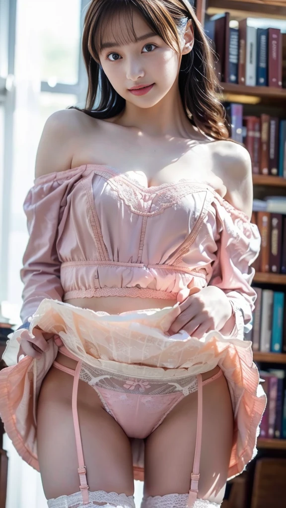 extremely highly detailed、masterpiece、Top Quality、超High Resolution A、8K high-definition、Photogenic clarity、A detailed eye、gradation、perfect anatomy body proportions ,hard disk、NFSW (english) (english) (english) ,nikon z9 80mm lens , masutepiece、Model Standing、Light pink panties made of lace material、off shoulder、The dress is made of pastel colour lace material(((Show me all the panties)))、(((The skirt is definitely worn)))、(((Lift skirt hem)))、panties focus、Natural light that is too bright、sunshine、Detail lace panty pattern、Ordinary panties、(((While standing, Lift the skirt and show the panties to the camera)))、(((Beautiful alignment)))、(((Lift your skirt big and big,、Show your panties to the camera)))、Ultra Slim Body, The body shape of a slender model、Beautiful posture, ((Inside the library)),shoot from below,
