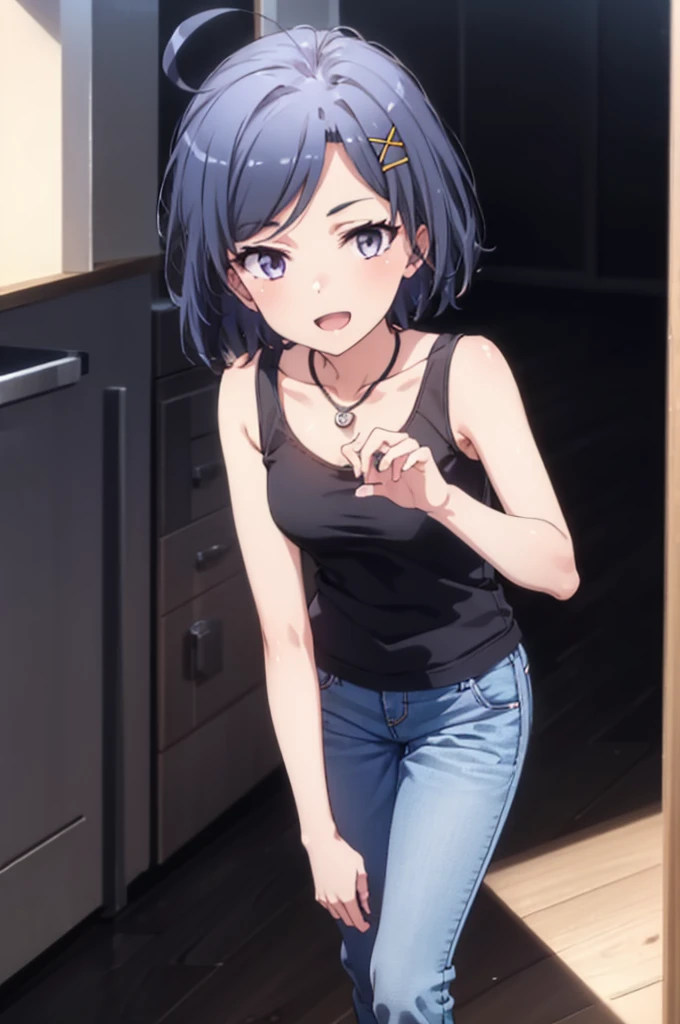 komachihikigaya, komachi hikigaya, short hair, Black Hair, hair ornaments, Ahoge, Hair Clip, x hair ornaments, (Purple eyes:1.1), tooth, happy smile, smile, Open your mouth, black tank top shirt,Locket Necklace,Skinny jeans,Stiletto heels,morning,morning陽,The sun is rising,Walking,whole bodyがイラストに入るように,
break outdoors, Building district,
break looking at viewer,whole body,
break (masterpiece:1.2), Highest quality, High resolution, unity 8k wallpaper, (figure:0.8), (Beautiful attention to detail:1.6), Highly detailed face, Perfect lighting, Highly detailed CG, (Perfect hands, Perfect Anatomy),