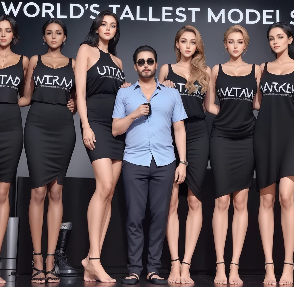 Three tall girls on the lfe left, three tall girls in the right, short man in the middle, the girls are much taller than the man, girls have big  and cleavage, girls are wearing black, man is wearing blue shirt, girls are standing barefoot, man is wearing shoes,