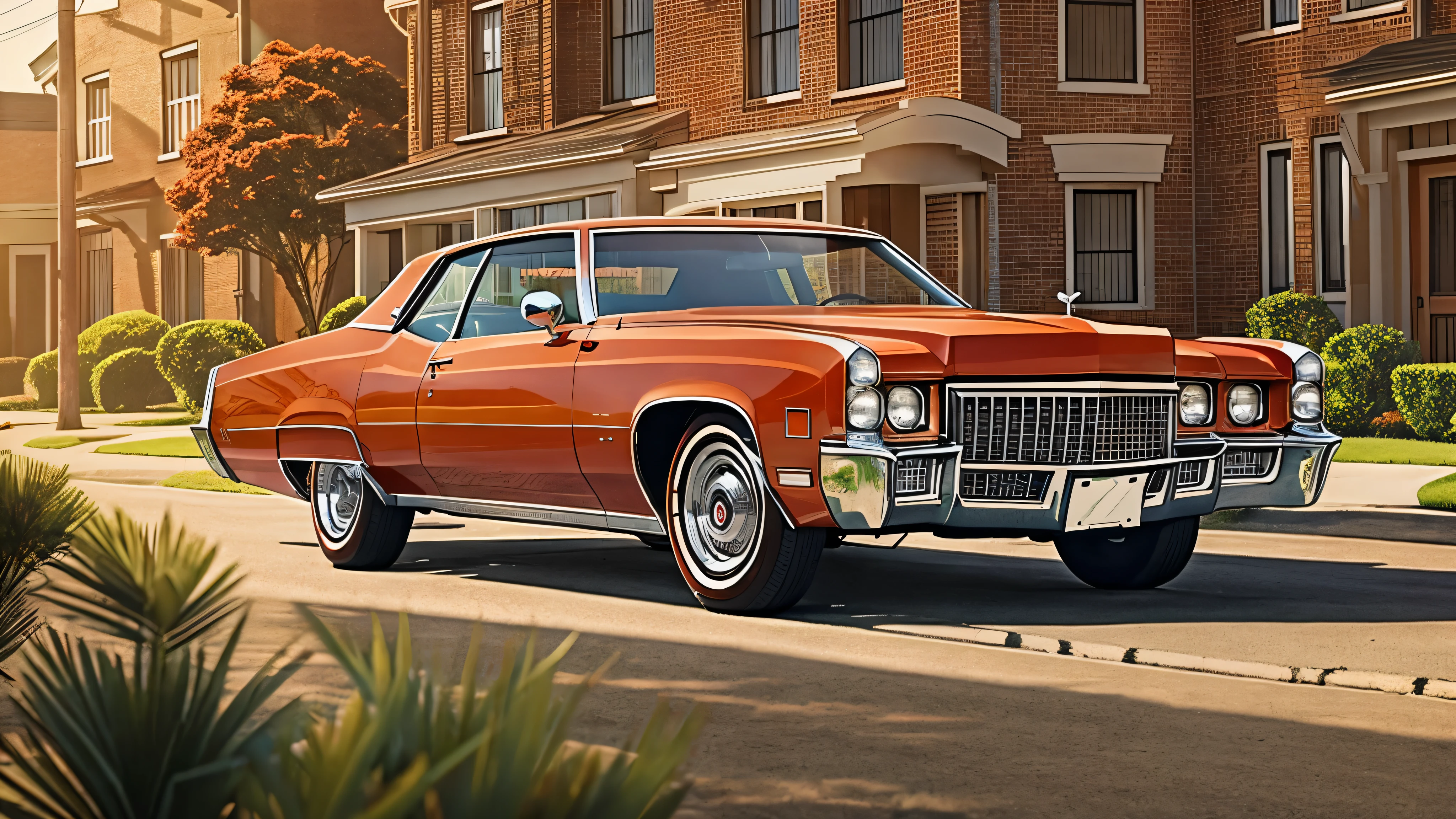 Generate an image of a 1970s red Cadillac with a tan interior driving down a sunny American street. The car should have a sleek, vintage design with chrome details and a large size, capturing the classic vibe of the era. The background should feature some greenery and buildings, reflecting a typical suburban setting.