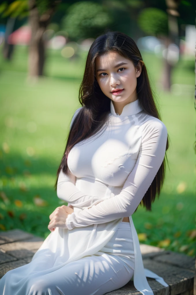 big breasts, round breasts, wearing bra inside ao dai, slim figure, beautiful figure, big breasts, ponytail, sharp 8k quality photo, ((beautiful, sharp, balanced face details) for )), ((beautiful breasts, exposed cleavage, plump body), ((beautiful sparkling eyes, sharp eye details, beautiful face)), sitting in the middle of rice fields, ((super beautiful body with high details , tight body, wide chest, slim waist)), ((thin cleavage, round breasts))