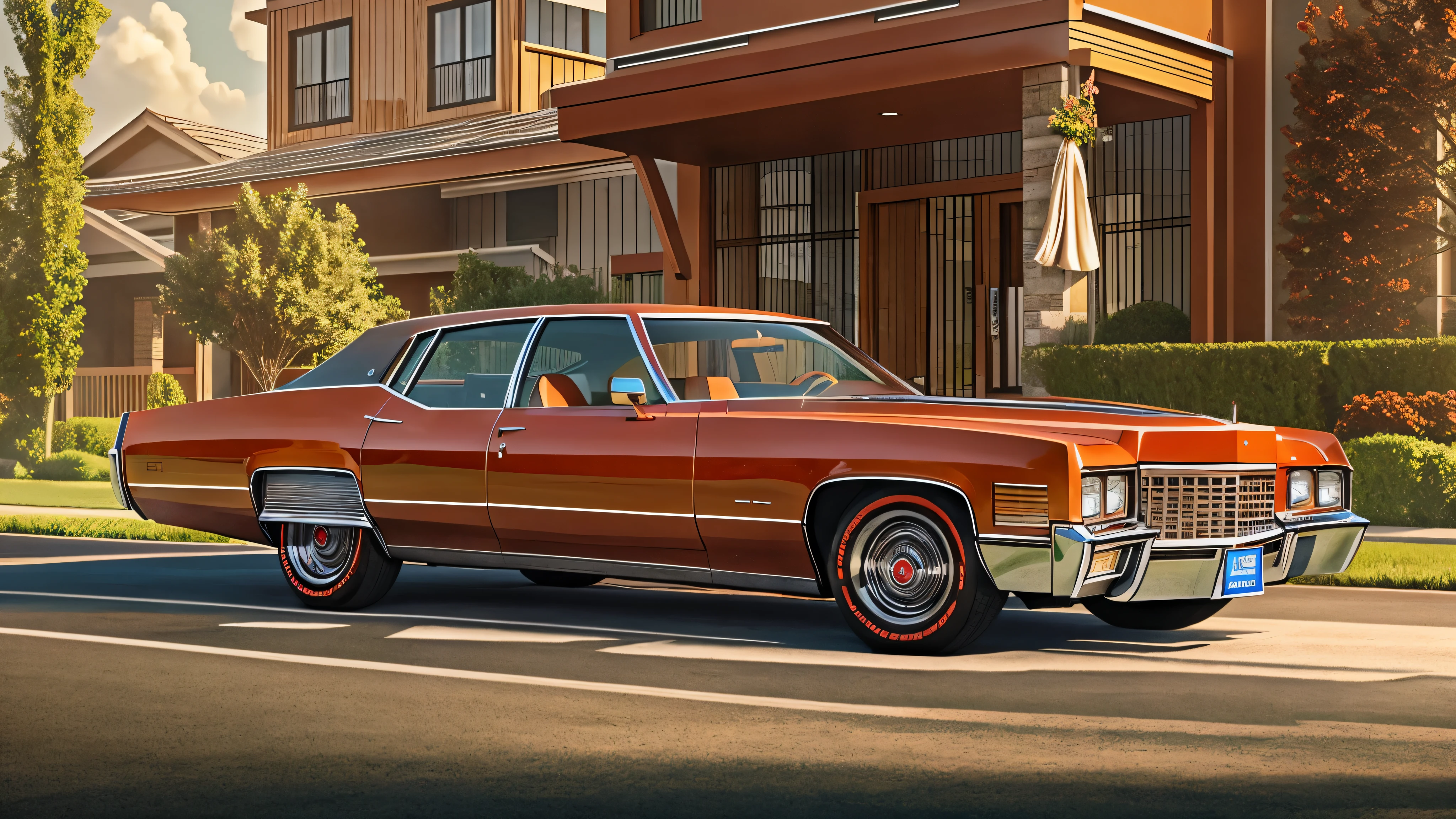 Generate an image of a 1970s red Cadillac with a tan interior driving down a sunny American street. The car should have a sleek, vintage design with chrome details and a large size, capturing the classic vibe of the era. The background should feature some greenery and buildings, reflecting a typical suburban setting.