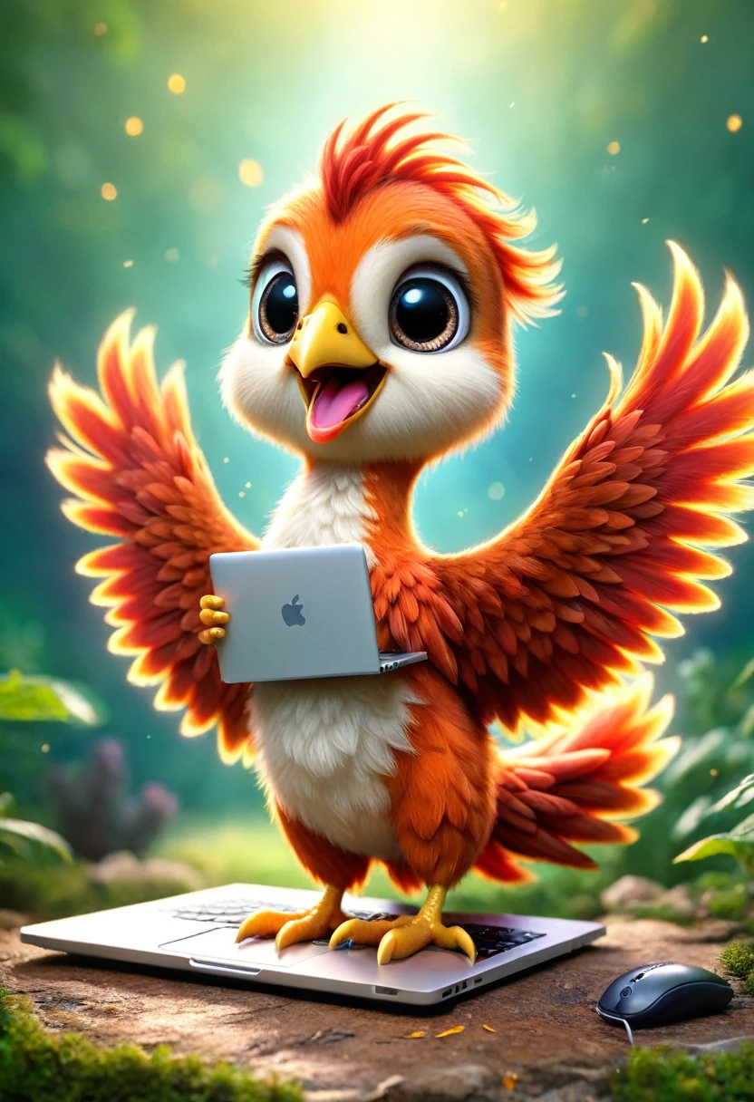 poster design：Cute little phoenix bird very happy，velues, com laptop
