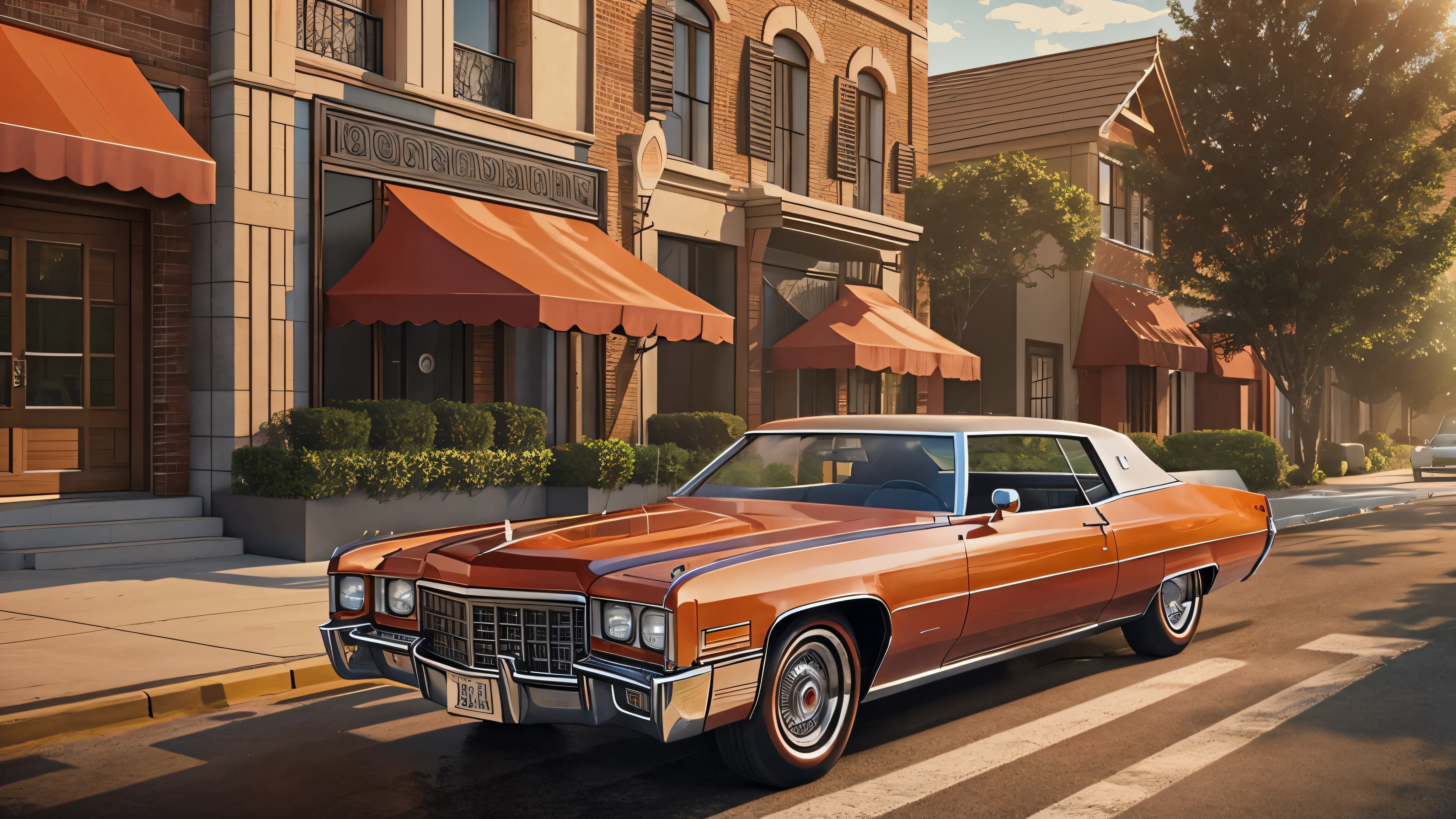 Generate an image of a 1970s red Cadillac with a tan interior driving down a sunny American street. The car should have a sleek, vintage design with chrome details and a large size, capturing the classic vibe of the era. The background should feature some greenery and buildings, reflecting a typical suburban setting. cinematic action, cinematic lighting, backlighting, masterpiece, anatomically correct, textured skin, super detail, 8k atmospheric perspective, depth of field,