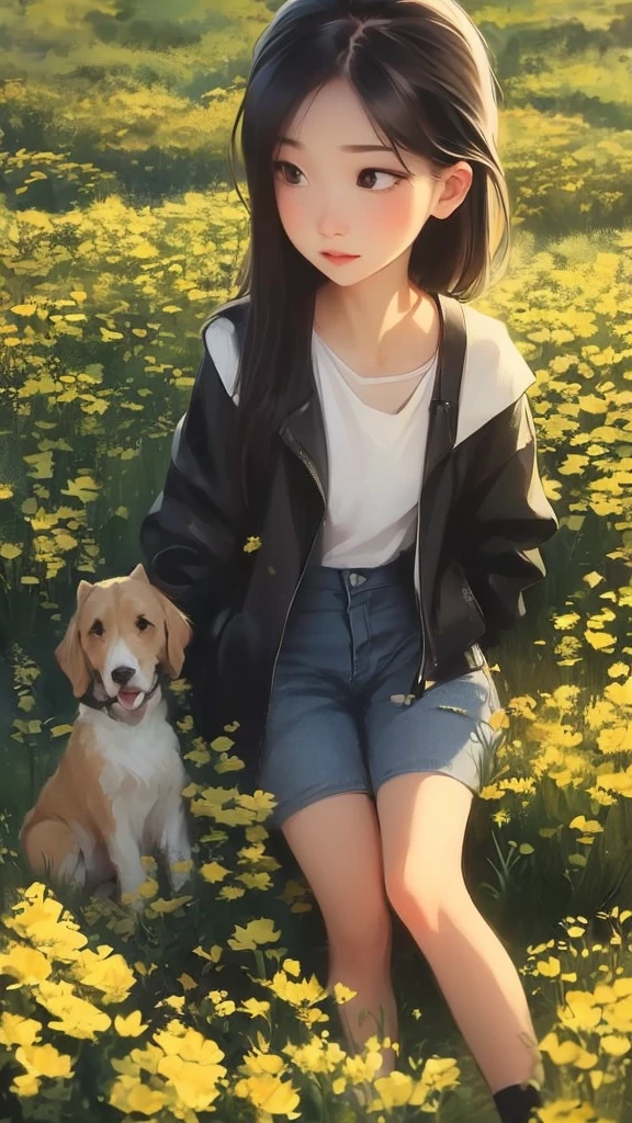 An incredibly charming  carrying a backpack, accompanied by her adorable puppy, enjoying a lovely spring outing surrounded by beautiful yellow flowers and natural scenery. The illustration is in high definition at 4k resolution, with highly-detailed facial features and cartoon-style visuals, (Butterfly Dance)