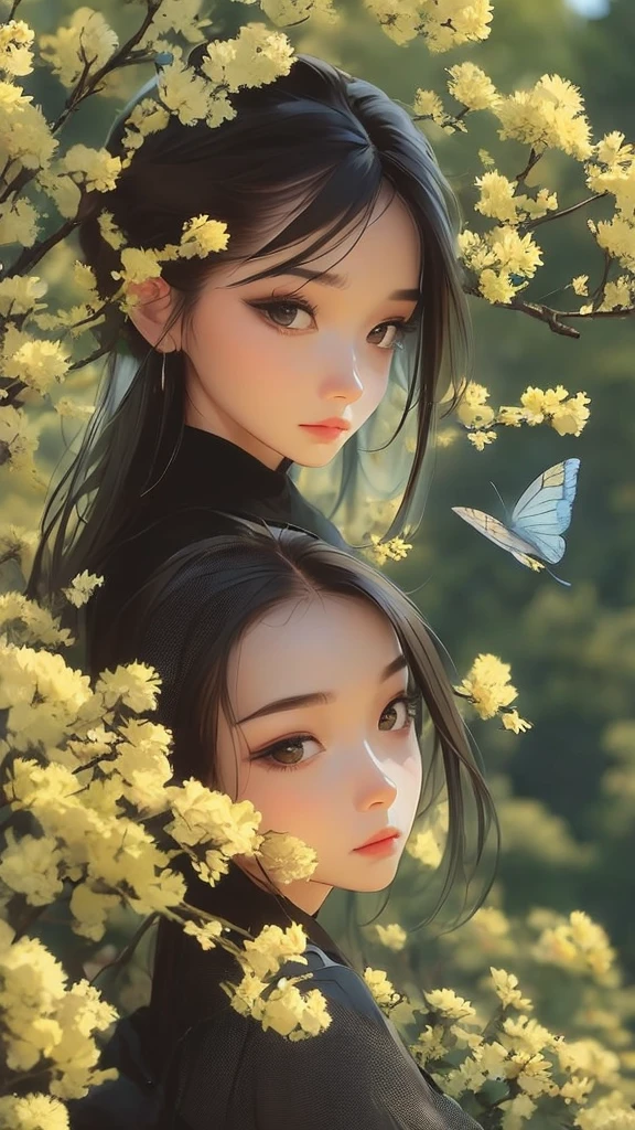 An incredibly charming  carrying a backpack, accompanied by her adorable puppy, enjoying a lovely spring outing surrounded by beautiful yellow flowers and natural scenery. The illustration is in high definition at 4k resolution, with highly-detailed facial features and cartoon-style visuals, (Butterfly Dance)
