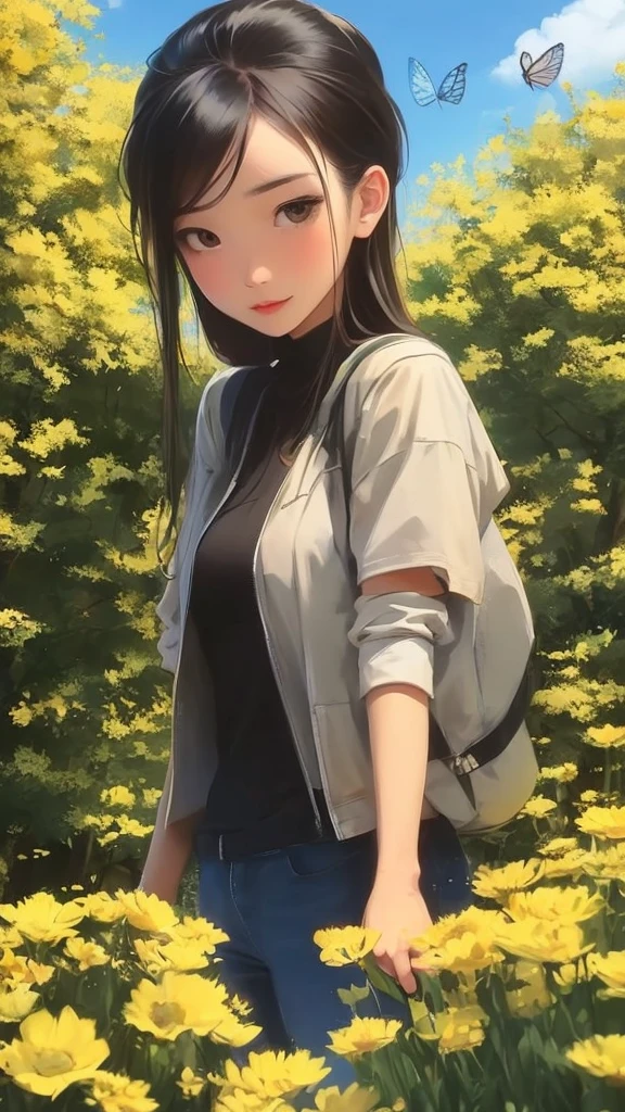 An incredibly charming carrying a backpack, accompanied by her adorable puppy, enjoying a lovely spring outing surrounded by beautiful yellow flowers and natural scenery. The illustration is in high definition at 4k resolution, with highly-detailed facial features and cartoon-style visuals, (Butterfly Dance)