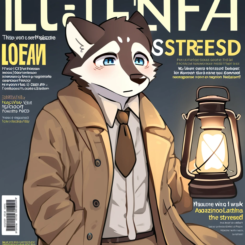((magazine cover)), perfect anatomy, furry, male, (dog), husky, kemono, 1boy, solo, ((clothed)), (brown_trenchcoat), brown_tie, ((holding_lantern_with_one_hand)), model, full_body multicolored fur, ((stressed_expression)), (detailed eyes), portrait, lorum_ipsum_text,