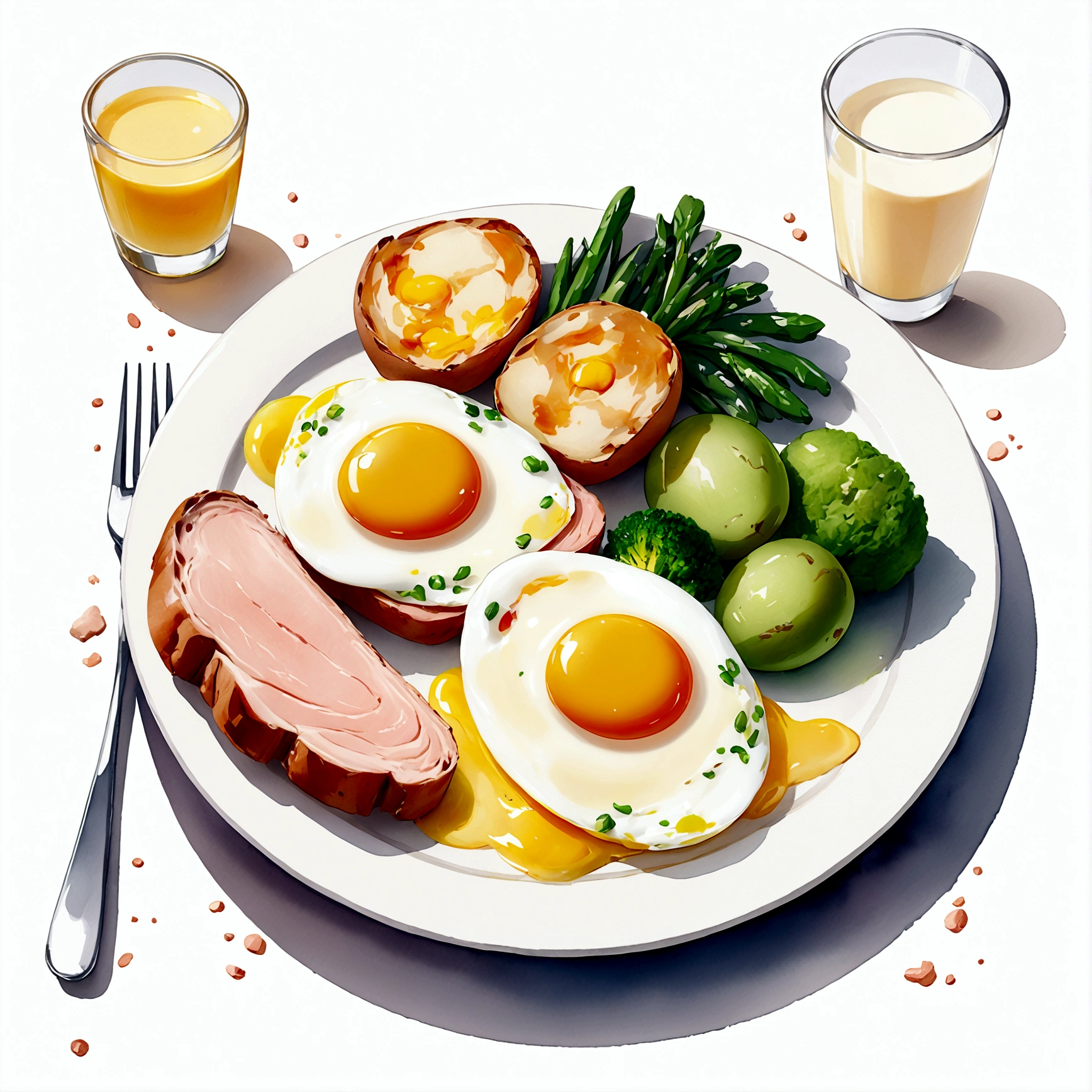 ((best quality)), ((masterpiece)), (detailed), loose water color style, minimalist, create a picture of healthy food on a plate. The food consist of, Eggs, bread, potatoes, glass of milk, meat, chicken meat, some vegetables, against brilliant white background, vibrant color, isolated white. wet water color