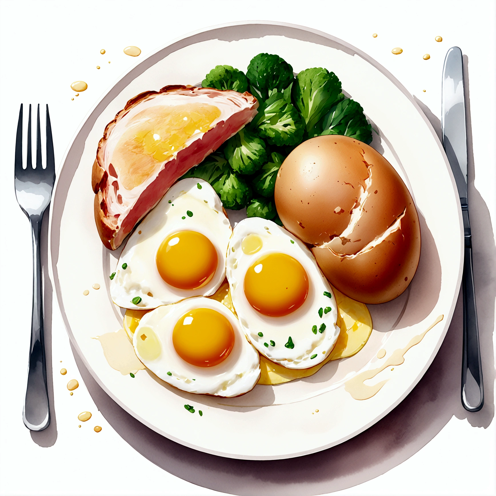 ((best quality)), ((masterpiece)), (detailed), loose water color style, minimalist, create a picture of healthy food on a plate. The food consist of, Eggs, bread, potatoes, glass of milk, meat, chicken meat, some vegetables, against brilliant white background, vibrant color, isolated white. wet water color