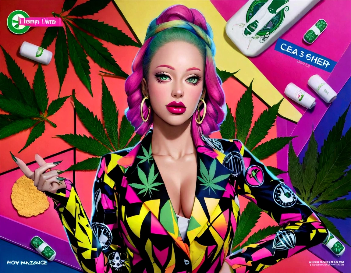 Arafat image of a woman with bright hair and a bright suit, Aesthetics of the High Times Magazine, Marijuana on the topic, How many?, personification of marijuana, inspired by Mary Jane Begin, princess of Hemp, Portrait of Kim Petras, Official work of art, headquarters, weed background, Hemp!, with green Hemp leaves, weed, multicolored weed leaves, Hemp