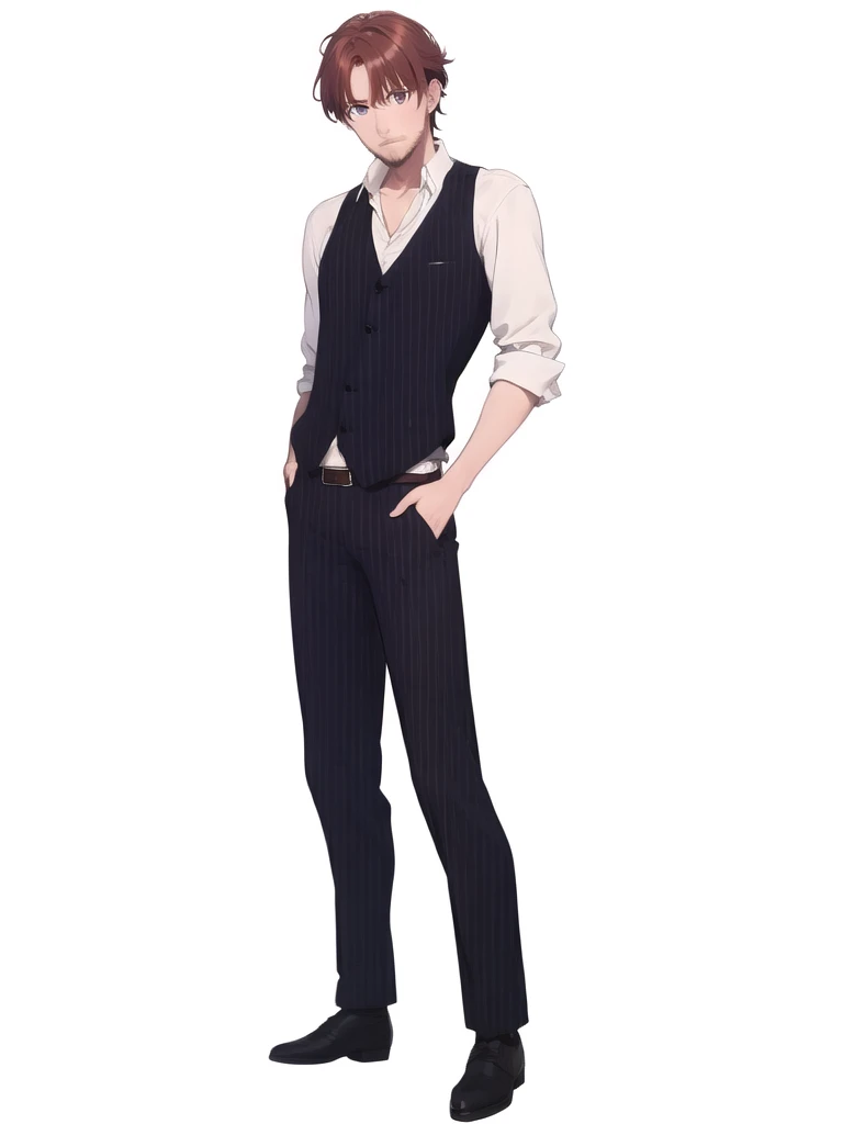 (masterpiece:1.3), (absurdres:1.3), (best quality:1.3), (ultra-detailed:1.3), Reddish brown hair, gray eyes, thin beard, center parted bangs, bar worker, adult man