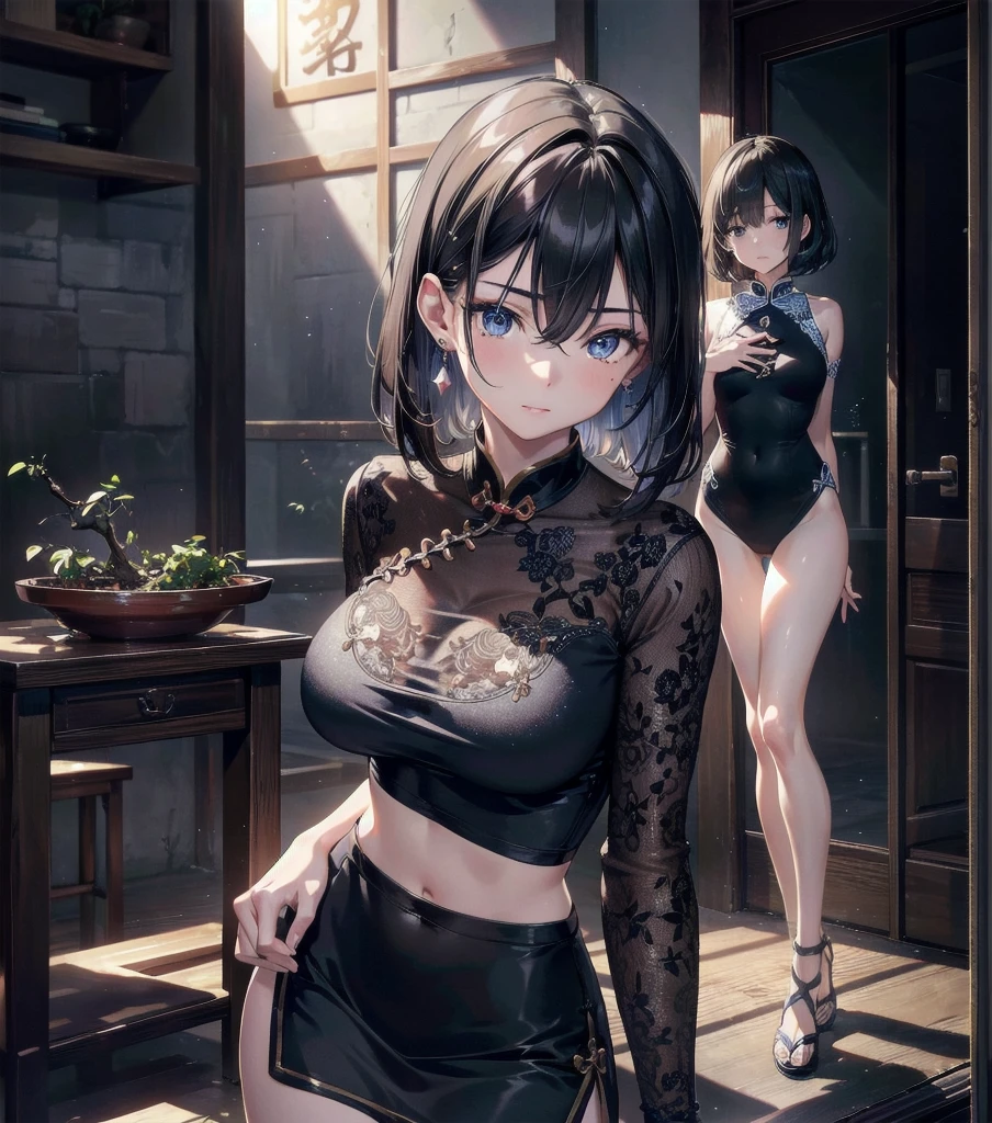absurdres, RAW photo, extremely delicate and beautiful, masterpiece, Best Quality, ultra high resolution, 32k, hyperrealistic, ultra-detailed, Very detailed CG 8k wallpaper, Beautiful Lighting, Perfect Lightning, Realistic Shadows, perfect anatomy, super Detailed skin, perfect figure, Japanese woman, late 20s, very Slim body, narrow waist, very small head, handsome detailed woman, very detailed eyes and face, realistic face proportions, Stunning detailed eyes, Realistic beautiful face, very small face, Realistic small beautiful eyes, tearful mole, earring, beautiful and very thin legs, beautiful and very thin thighs, very huge round breasts, medium hair, black hair, whole body shot, (3 girls), (cheongsam),