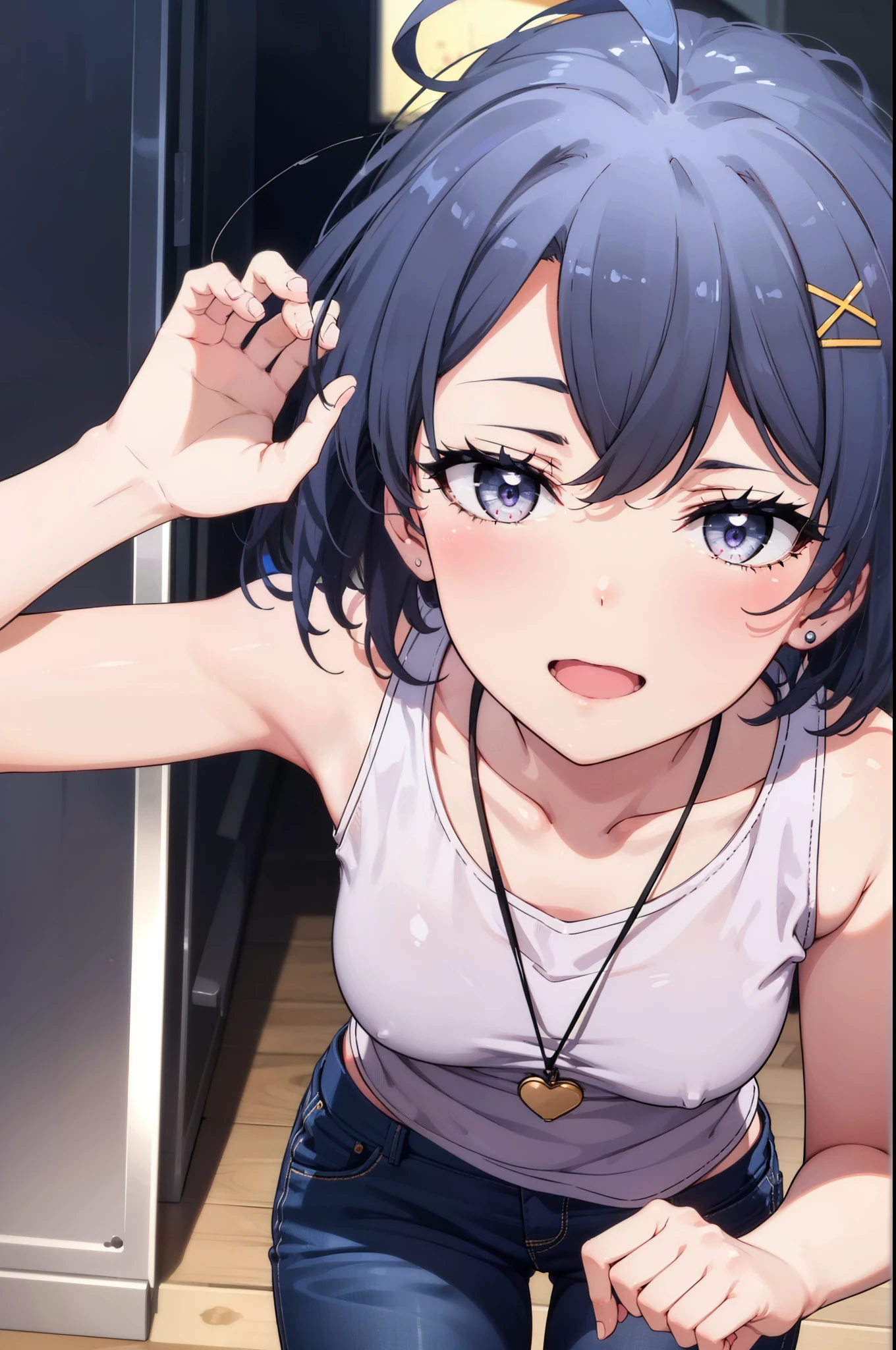 komachihikigaya, komachi hikigaya, short hair, Black Hair, hair ornaments, Ahoge, Hair Clip, x hair ornaments, (Purple eyes:1.1), tooth, happy smile, smile, Open your mouth, black tank top shirt,Locket Necklace,Skinny jeans,Stiletto heels,morning,morning陽,The sun is rising,Walking,whole bodyがイラストに入るように,
break outdoors, Building district,
break looking at viewer,whole body,
break (masterpiece:1.2), Highest quality, High resolution, unity 8k wallpaper, (figure:0.8), (Beautiful attention to detail:1.6), Highly detailed face, Perfect lighting, Highly detailed CG, (Perfect hands, Perfect Anatomy),