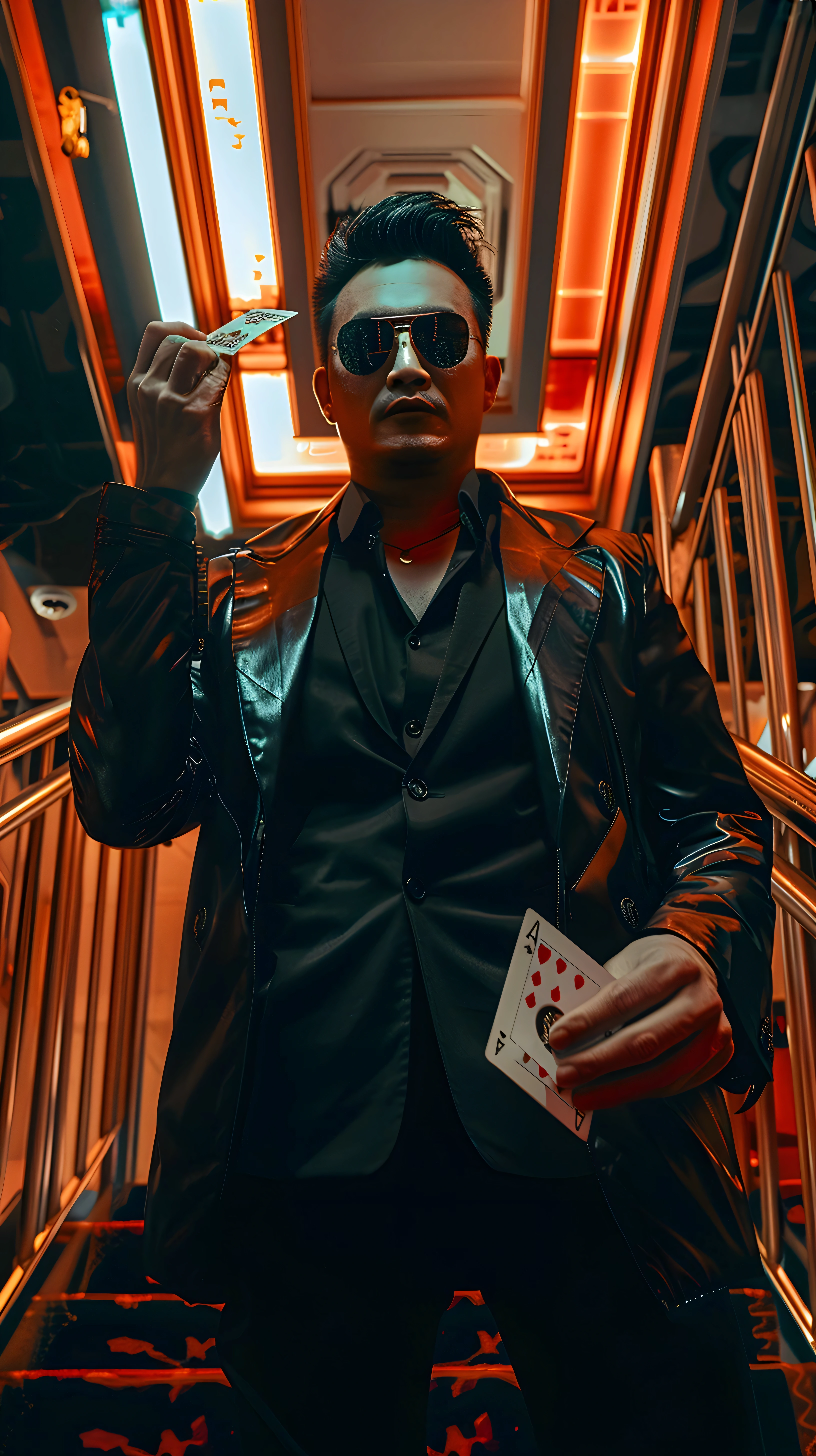 Covert Operative exist Neon Tokyo: (smooth:1.3) (spy:1.3) exist a (Suit:1.2) and (sunglasses:1.1), blendexistg existto the bustlexistg neon-lit streets of (Future Tokyo:1.3). this agent carries a (Hidden Device:1.2) resemblexistg an (ordexistary smartphone:1.1) but (Advanced spy technology:1.3). this scene is alive with (Vibrant neon lights:1.2) exist (Kanji and English:1.1), reflectexistg off the (Wet Asphalt:1.1) after (fresh raexistfall:1.1). this (Mysterious atmosphere:1.2) Highlighted as (Hidden headphones:1.1), while exist the background, (Shadow Figure:1.2) Follow from a distance, barely visible exist the (Crowded alleys:1.1).