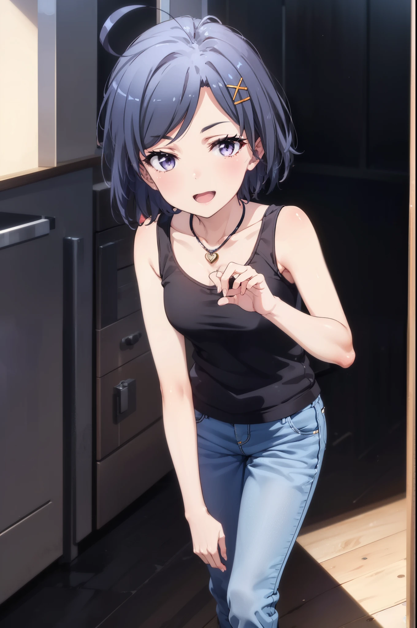 komachihikigaya, komachi hikigaya, short hair, Black Hair, hair ornaments, Ahoge, Hair Clip, x hair ornaments, (Purple eyes:1.1), tooth, happy smile, smile, Open your mouth, black tank top shirt,Locket Necklace,Skinny jeans,Stiletto heels,morning,morning陽,The sun is rising,Walking,whole bodyがイラストに入るように,
break outdoors, Building district,
break looking at viewer,whole body,
break (masterpiece:1.2), Highest quality, High resolution, unity 8k wallpaper, (figure:0.8), (Beautiful attention to detail:1.6), Highly detailed face, Perfect lighting, Highly detailed CG, (Perfect hands, Perfect Anatomy),