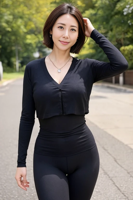 40-year-old female、Black super tight yoga pants、With necklace、earrings、short hair、Black underwear,Extra large breasts、outdoor