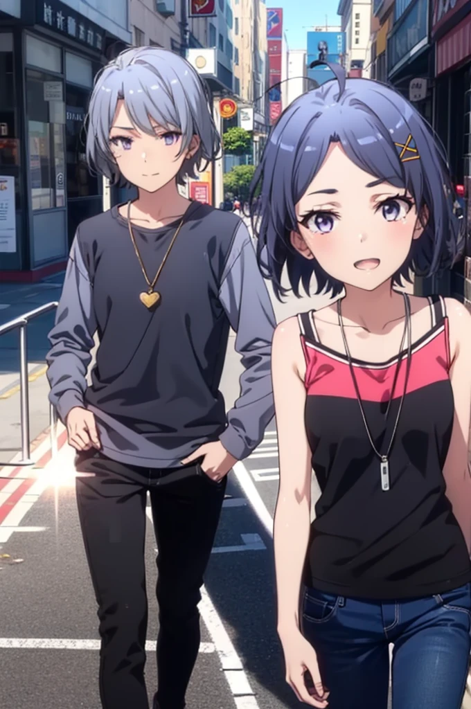 komachihikigaya, komachi hikigaya, short hair, Black Hair, hair ornaments, Ahoge, Hair Clip, x hair ornaments, (Purple eyes:1.1), tooth, happy smile, smile, Open your mouth, black tank top shirt,Locket Necklace,Skinny jeans,Stiletto heels,morning,morning陽,The sun is rising,Walking,whole bodyがイラストに入るように,
break outdoors, Building district,
break looking at viewer,whole body,
break (masterpiece:1.2), Highest quality, High resolution, unity 8k wallpaper, (figure:0.8), (Beautiful attention to detail:1.6), Highly detailed face, Perfect lighting, Highly detailed CG, (Perfect hands, Perfect Anatomy),