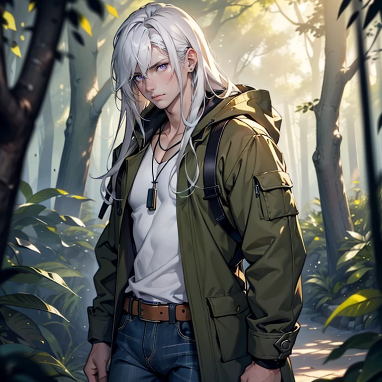(Masterpiece), best quality, highest quality, highly detailed, original, high resolution CG Unit 8k wallpaper, (depth of field: 1.5), fidelity: 1.3, (best quality, artwork, masterpiece, 4k), solo, male, pale white skin, white hair, long hair, straight hair, handsome young man, detailed background of a forest, beautiful eyes, purple eyes, masterpiece, age 18, wearing tight jeans and black compression tank, olive green rain coat with hood, belt, necklace, detailed face, serene expression
