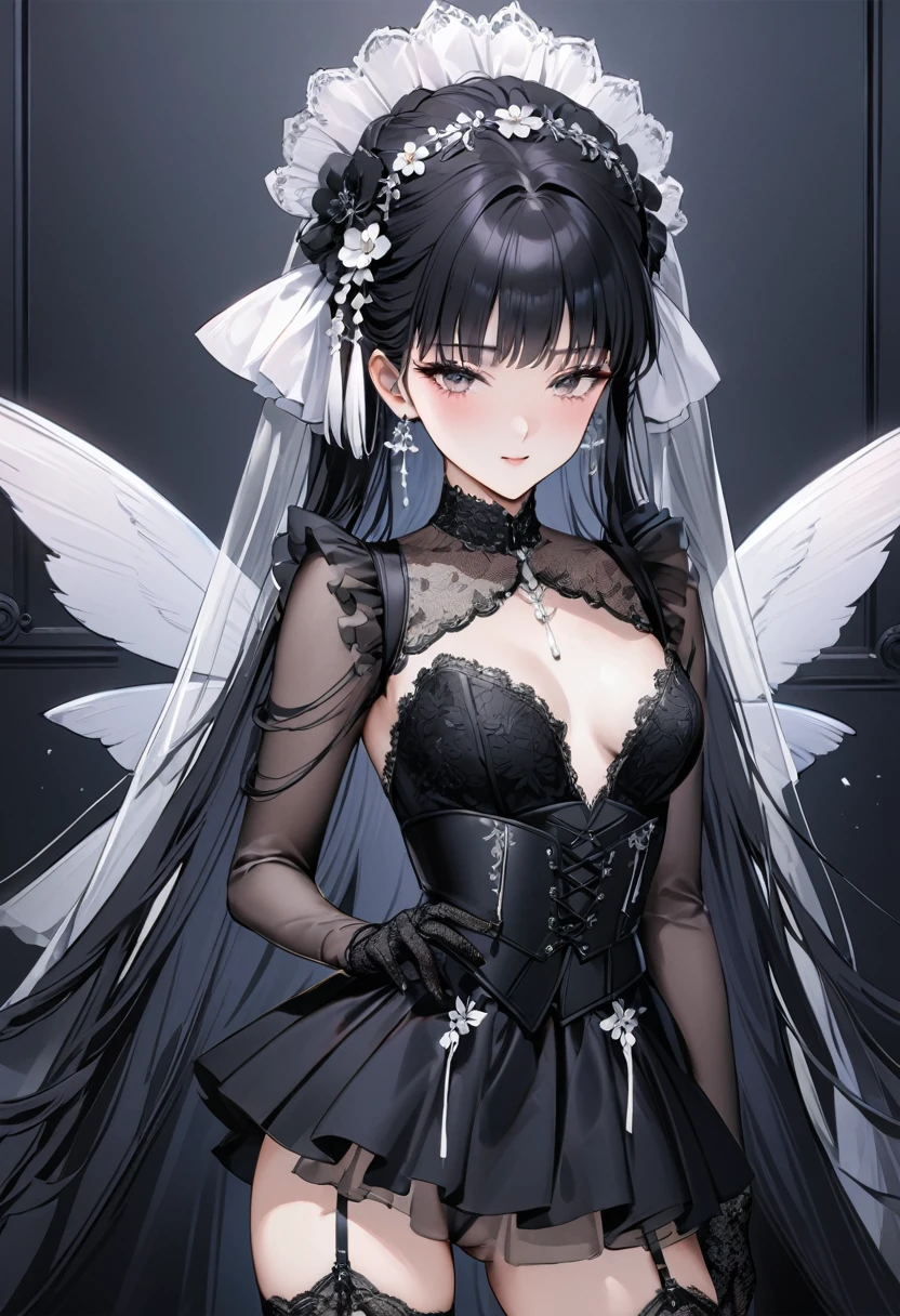 ((Top quality, masterpiece, freak, super resolution)), 1 girl, Japanese model,16 years old,Smooth black hair,The woman wears a bodysuit-style covering (corset dress) from the chest to the hips. The neckline is a deep V-cut with straps and the skirt is decorated with short tulle frills. The corset also has a garter belt. (base colour white with black transparent lace on the front)). The front centre of the corset is decorated with delicate black floral lace and a white ribbon. The skirt is ruffled with transparent tulle and is light. The stockings are also black lace. The contrast between black and white is beautiful and the delicate lace and tulle details emphasise the elegant and sexy atmosphere.