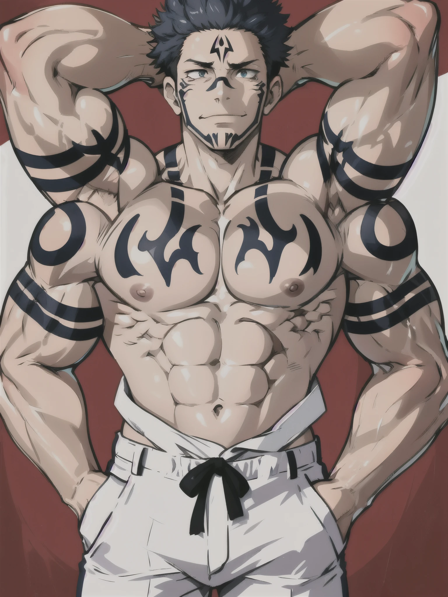 masterpiece, best quality, anatomically correct, solo,1boy, sukuna, white pants, tattoo_on_his_face, tattoo_ryoumen, hands in a pocket, dark blue hair, manly, muscular, mature, muscular male, simple background, four arms, short hair, upper body shot, male focus, eye focus, extra detailed arms, four hands.