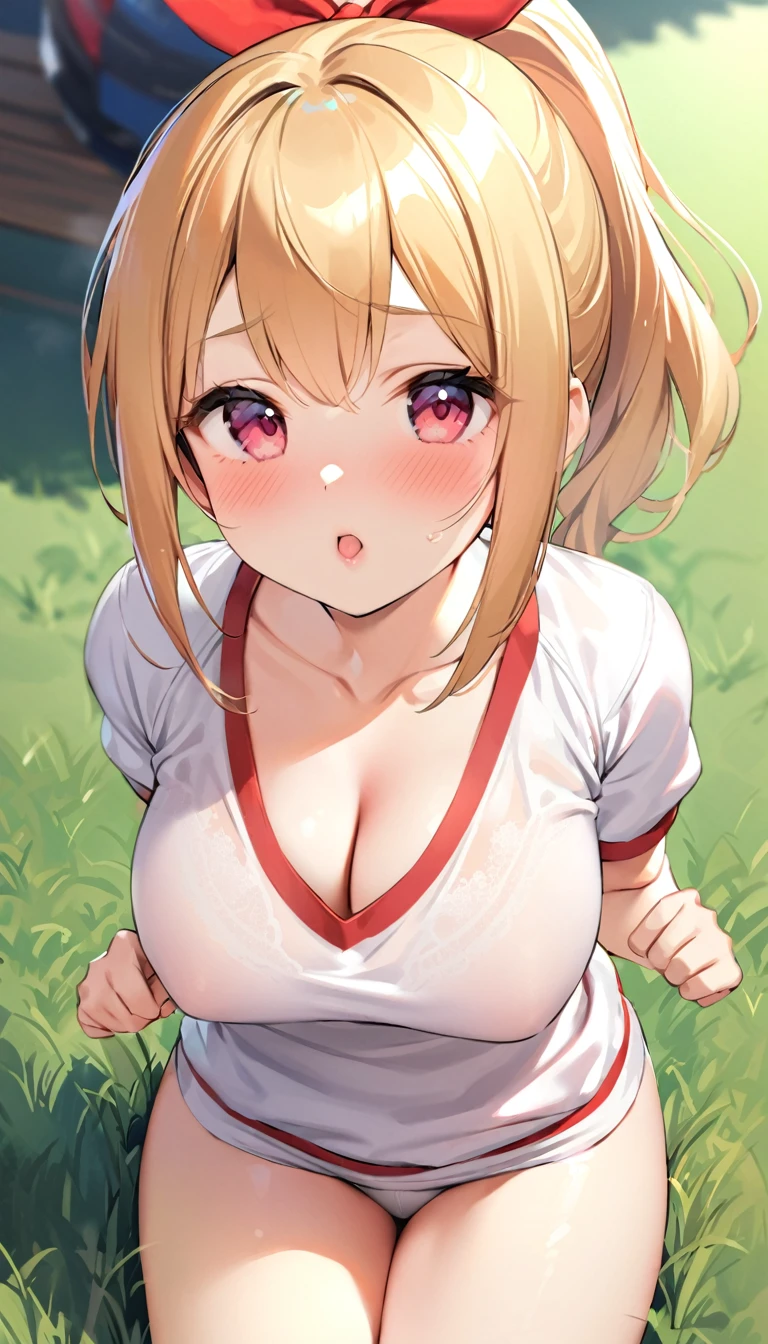 {{{{{16k,Ultra High-resolution realistic photograph of neat virgin first-year junior high school girl's in School-designated gym uniform with junior high ribbon as pretty as a actress in Grass schoolyard, She's in the first year of middle school, but she's too well developed, her cleavage tits are too beautiful, Her bra is showing through under her gym clothes, Her tits are shaking so much in PE that it's embarrassing}}}}},{{Extremely detailed}},{{{{{dye her cheeks flush and integrated her head pure small, thick lips, Enchanting thick gross idol's Lips}}}}},{{{{{the bang ponytail hair}}}}},{{{{{She get more attractive and smoother her body, her expression and appearance are transformed into that of a pure, Her white tits are so fluffy, and are depicted in great detail, but her sex appeal from her cleavage fills the schoolyard, her bodyline and tits and hips are getting cuter and cuter, She has been reborn as a pretty one-in-a-thousand-year girl with a sparkling aura of cuteness}}}}}