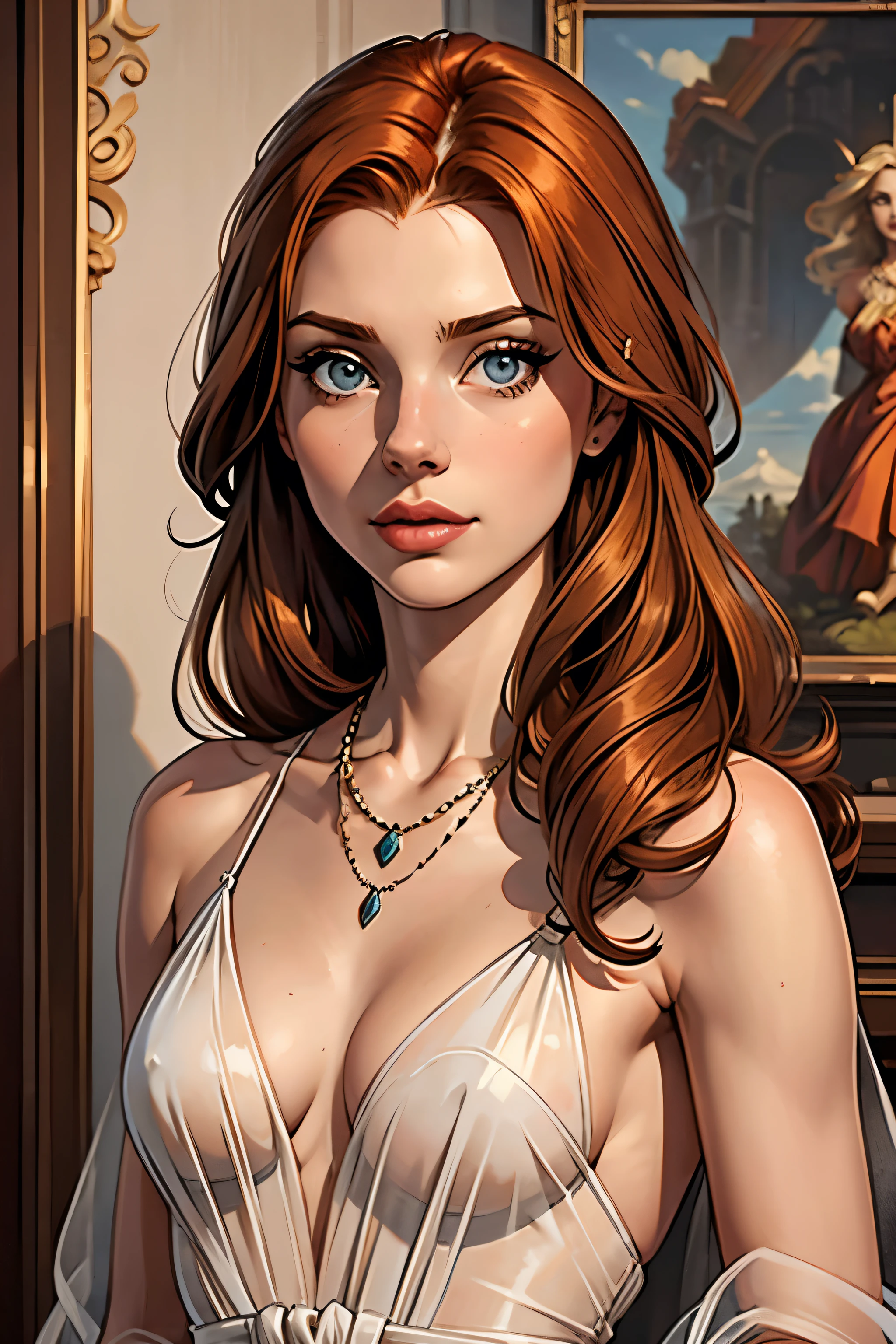best qualityer, work of art, (realisitic: 1.2), 1 girl, slender girl, ginger hair, eyes browns, 3/4 view, face detailed, gorgeous eyes, eyes gray, breasts small, necklace, see through gown
