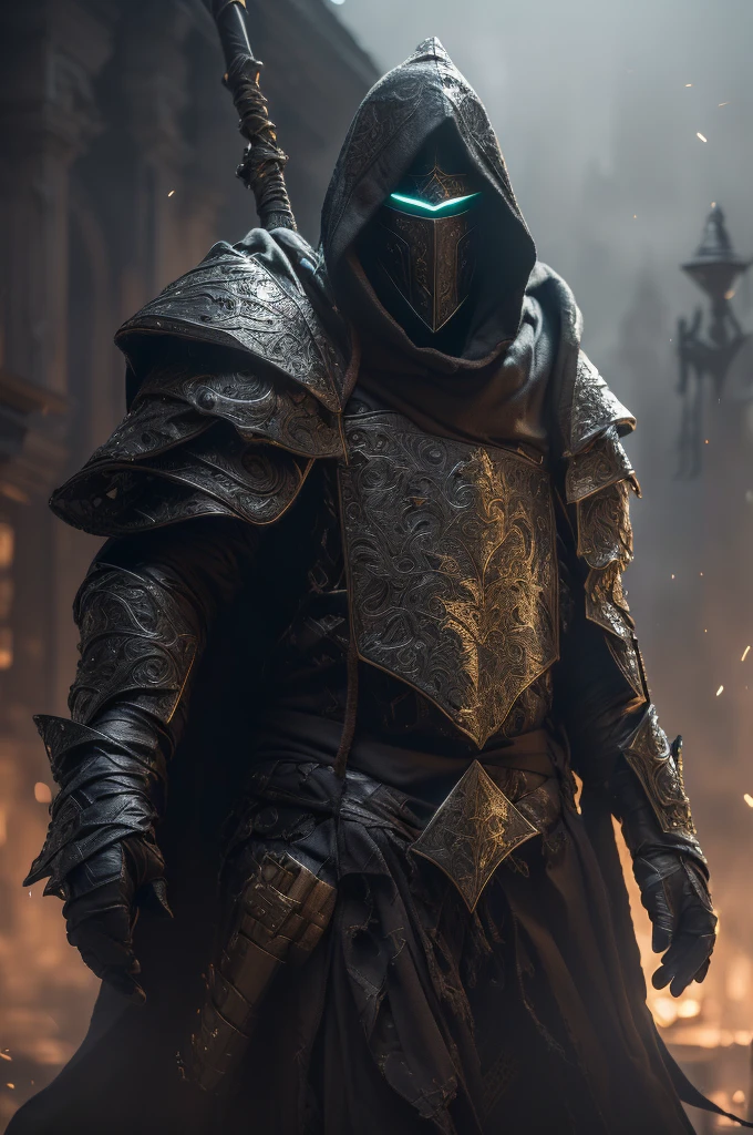 a close up of a person in a hooded jacket with a sword, amazing 8k character concept art, light armor, from vermintide 2 video game, paladin, flowing robes and leather armor, clothed in stealth armor, guillem h. pongiluppi, golden and black armor, d&d trending on artstation, light coming off of the armor