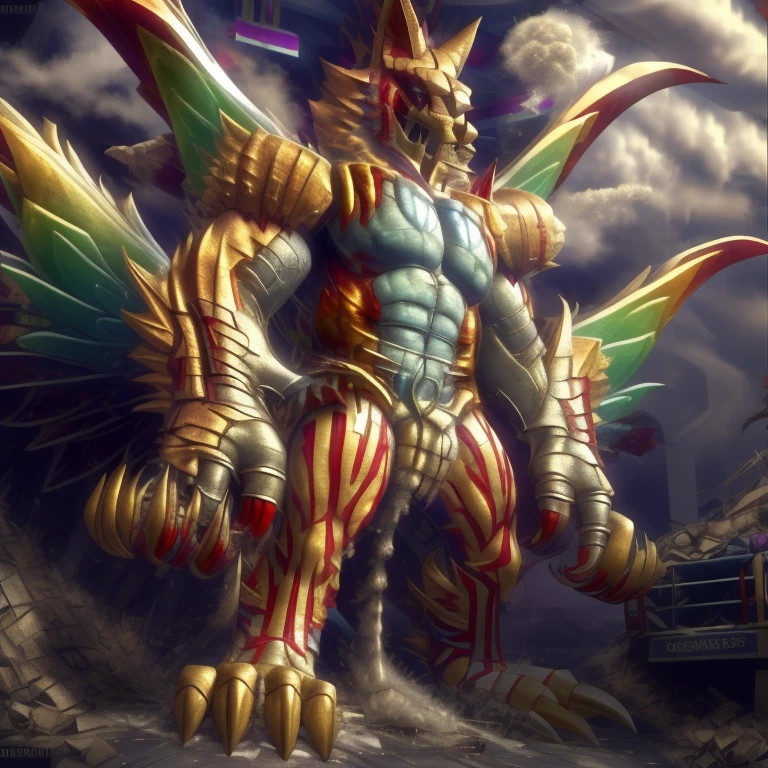 (masterpiece. official art. 8k. best quality. detailed full body. full body.)

(situation 1 : dominating The Phoenix Wolf. The Phoenix Wolf is over 1000 meters long. focus giant mechanical Muscular The Phoenix Wolf is trampling the car. Looking down.)

(situation 2 :smoke and flames rising from the destruction in the city)

(Additional details 1: Wearing golden Armor. Cape. Helmet. real texture material. whole body shines like metal. emphasizes the muscles. suit fully made of metal. Robotic suit. no face.).

(Additional details 1.5: The arms are golden. The lower half of the body is golden. The wolf-shaped helmet has sharp fangs. The whole body is golden. The chest area is also golden. There is a ring above the head.).

(Additional details 2: Detailed head. Detailed Body. Detailed abs. gigantic muscles. HYPER MUSCLES. Gigachad Muscular. big muscle. pecs. triceps. traps. unusually developed muscular body. body full of huge muscles. showing off muscles. pectorales enormes. Exaggeratedly huge muscles. huge muscles. long legs.).

(Additional details 3: Spread wings. It has wings. The claws are sharp. Sharp teeth.). He is laughing defiantly. The claws are sharp. Sharp teeth.). 

(Additional details 3.5 : nj5furry,  He is laughing defiantly. medieval armor.). 

(Additional details 4: golden dick, golden cock, golden hyper penis. hyper golden penis. big penis)

(Additional details 6 : Spraying hyper cum up everywhere into the sky from his erect penis. wide spray of cum, covered in cum, cum splashing in front of camera, crowd of naked muscular male spectators, bukkake, City is under a thick later of cum.)
