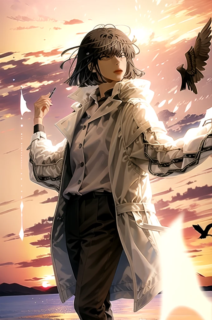 (masterpiece, best quality:1.2), intricate details, han sooyoung, 1girl, bangs, white coat, black shirt, long sleeves, pants