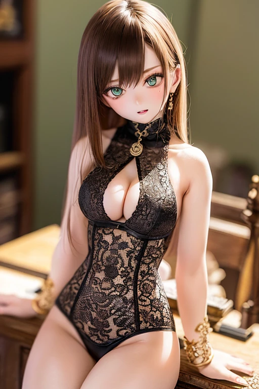 photorealistic, realistic photo, ((highest quality)), ((masterpiece)), detailed, kukolnydom, doll, (mature woman, 22yo, 22 years old:1.6), solo, ((cowboy shot, sitting on desk, skinny, slender, slim, parted lips)), green eyes, brown hair, (looking down, blank eyes, empty eyes, detailed eyes, detailed face:1.3), golden bikini, museum, 8k