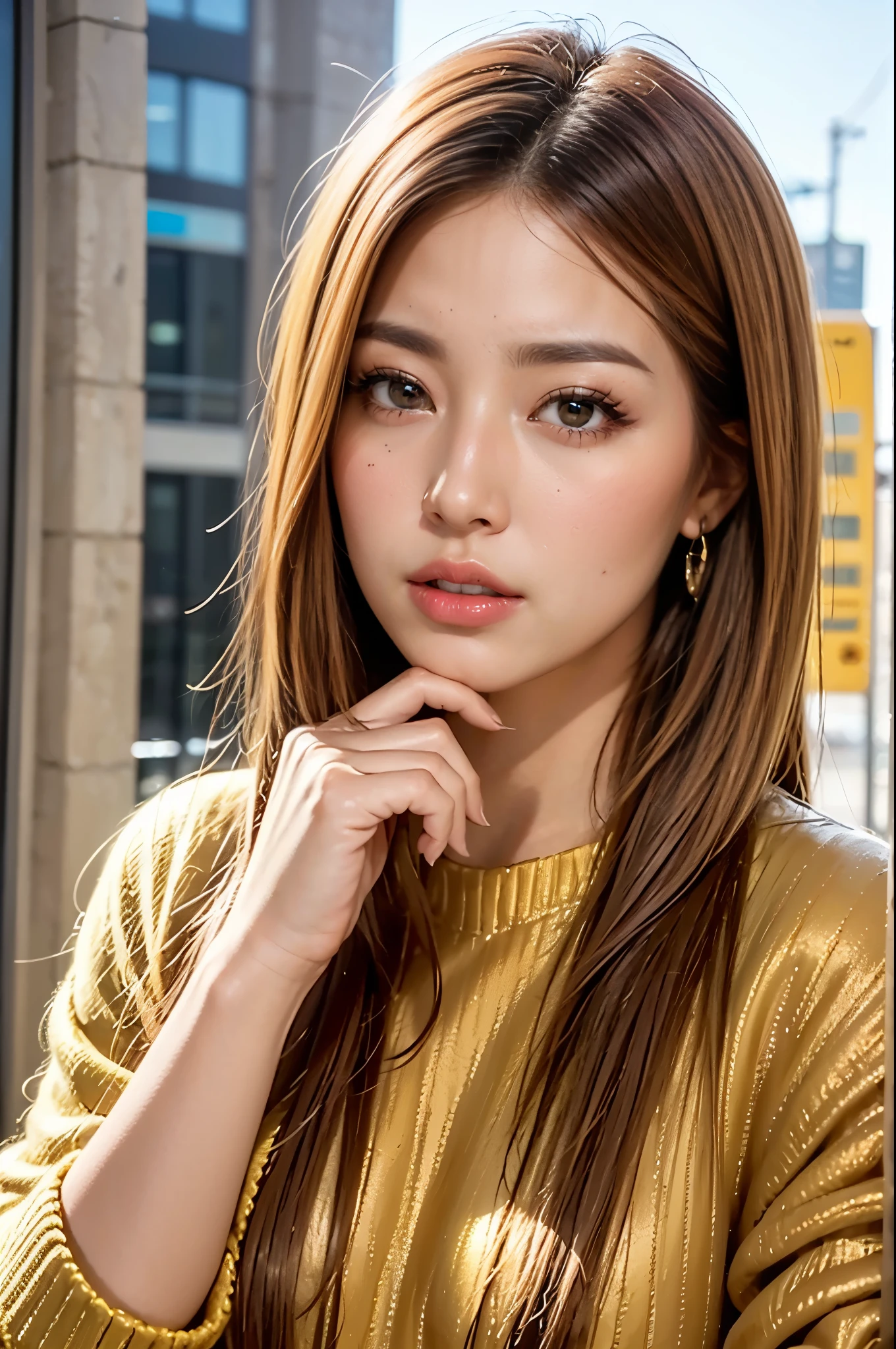 Layered Bob Hairstyle, (blonde hair, The inner color is red:1.2), She is beautiful, Glowing golden eyes, masterpiece, Highest quality,(Realistic: 1.4), Ultra-high resolution, Unity 8k, (Beautiful and beautiful eyes:1.6), Symmetric, Highly detailed face, Perfect lighting, (Perfect hands, Perfect Anatomy), (Urban Background:1.3), ((Maxi knit dress and leopard print fur coat 1.3)), (Browsing Caution:1.3),