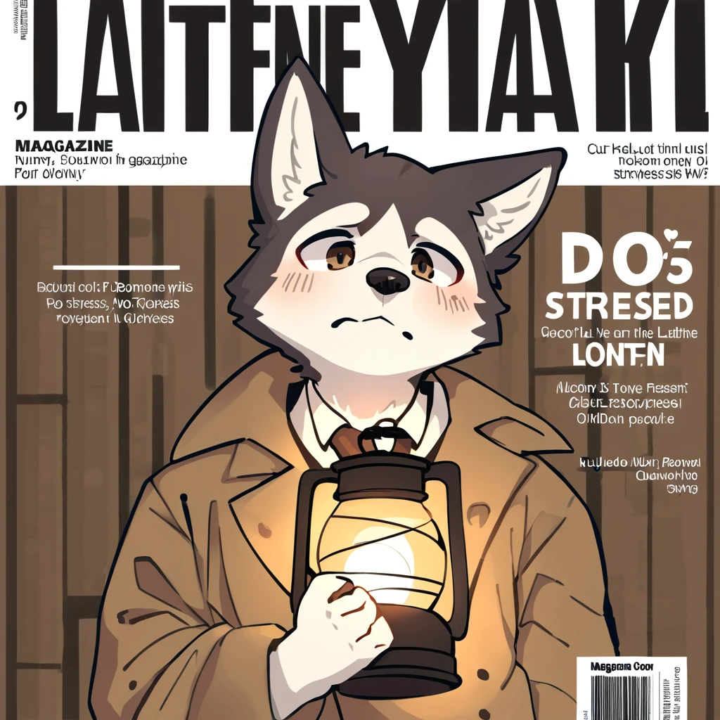 ((magazine cover)), perfect anatomy, thin_anthro, full_body, furry, male, (dog), husky, kemono, 1boy, solo, ((clothed)), (brown_trenchcoat), brown_tie, ((holding_lantern_with_one_hand)), model, multicolored fur, ((stressed_expression)), (detailed eyes), portrait,