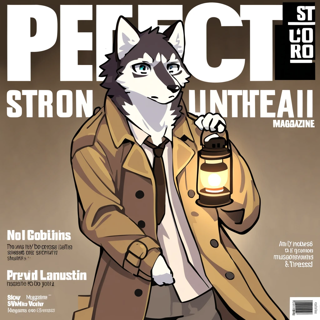 ((magazine cover)), perfect anatomy, thin_anthro, full_body, furry, male, (dog), husky, kemono, 1boy, solo, ((clothed)), (brown_trenchcoat), brown_tie, ((holding_lantern_with_one_hand)), model, multicolored fur, ((stressed_expression)), (detailed eyes), portrait,