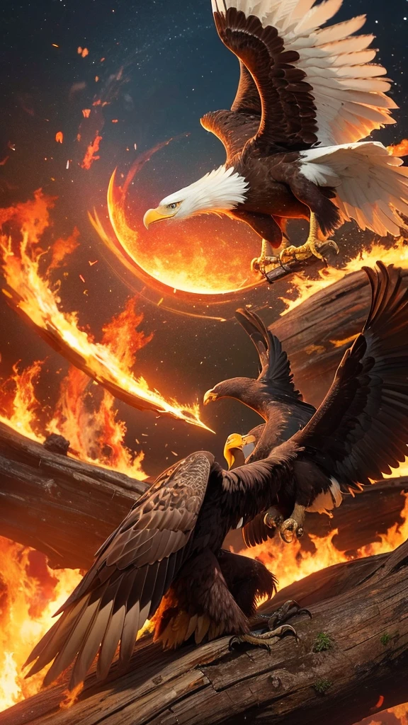 An eagle, Background at night during the full moon, Surrounded by fire, fire eagle, two eagles are fighting, 