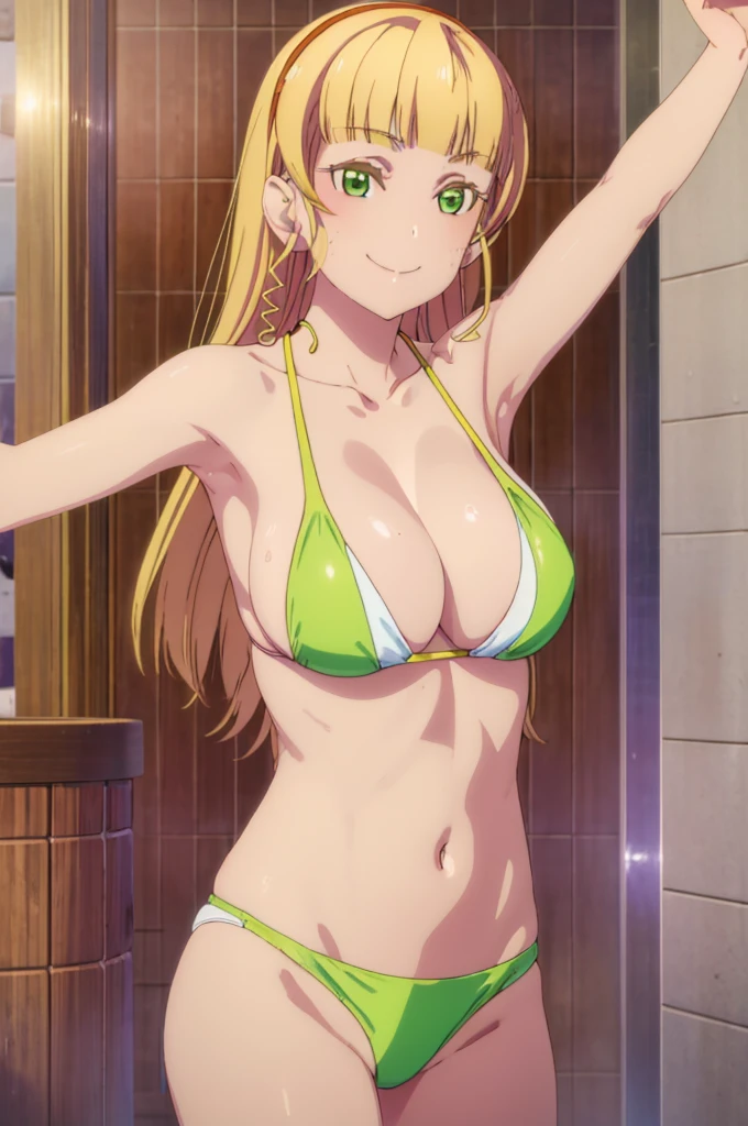 (((pixel-perfect, detail-perfect))), solo, 1girl, sumire heanna, smile, eyes green, hair blonde, sauna pool, bikini, armpit, medium filesize, ultra High Qality