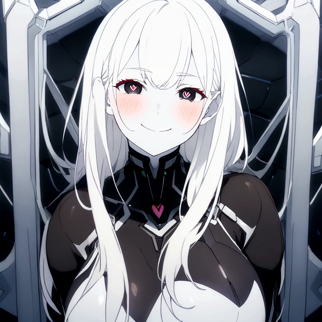 Masterpiece, High quality, High quality of art, anime lineart, 1girl,white hair, black eyes, white eyebrow, red eyeshadow, Tall, black cyber clothers, light gray cyber pants, big hips, big chest, very blush, white hearts in eyes, in future base, looking at viewer, smile, white skin, white hearts in eyes