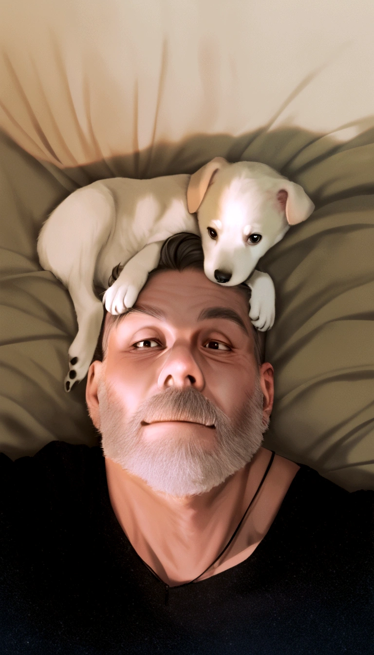 A Caucasian man and his puppy