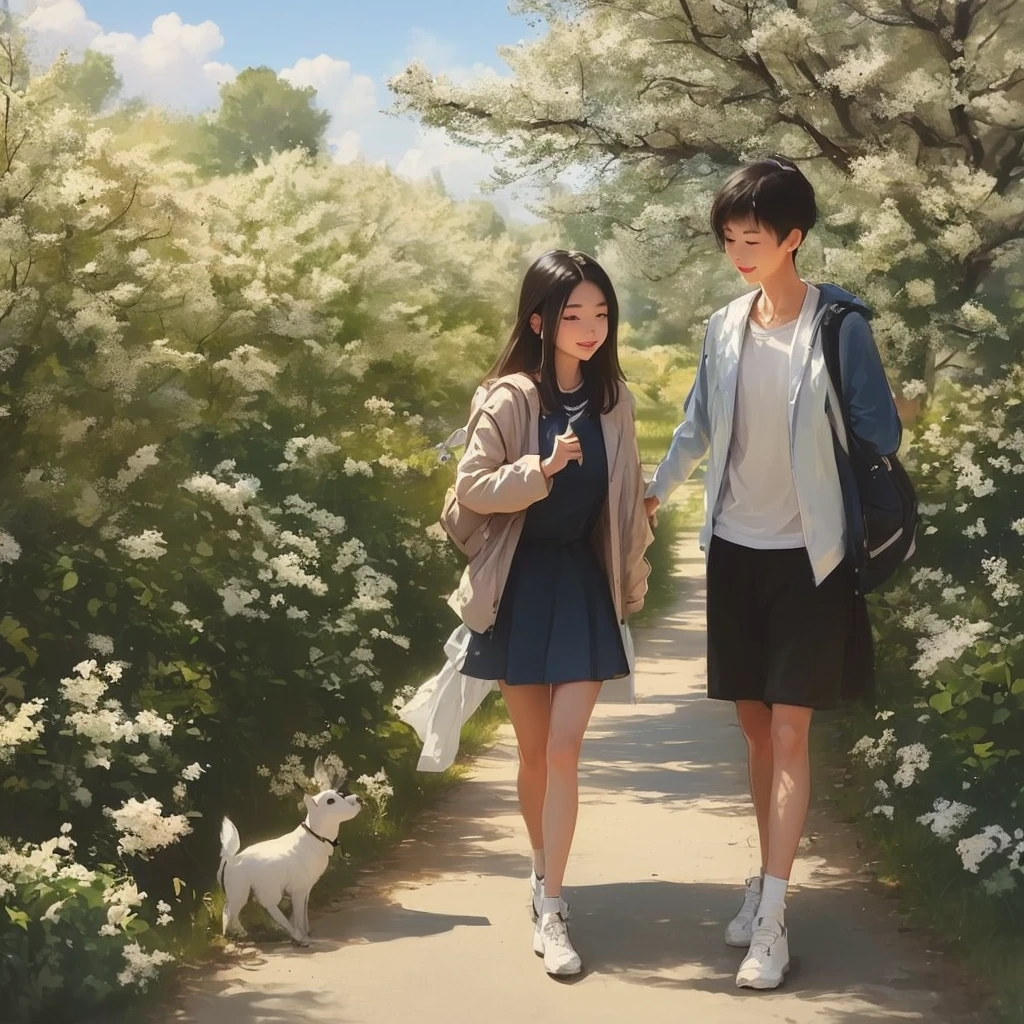 An incredibly charming  carrying a backpack, accompanied by her adorable puppy, enjoying a lovely spring outing surrounded by beautiful yellow flowers and natural scenery. The illustration is in high definition at 4k resolution, with highly-detailed facial features and cartoon-style visuals, (Butterfly Dance)