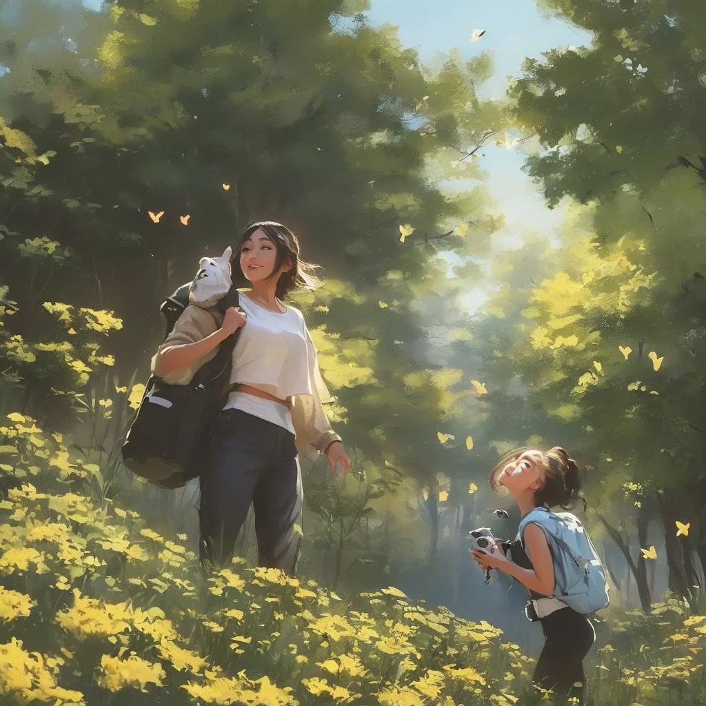 An incredibly charming  carrying a backpack, accompanied by her adorable puppy, enjoying a lovely spring outing surrounded by beautiful yellow flowers and natural scenery. The illustration is in high definition at 4k resolution, with highly-detailed facial features and cartoon-style visuals, (Butterfly Dance)