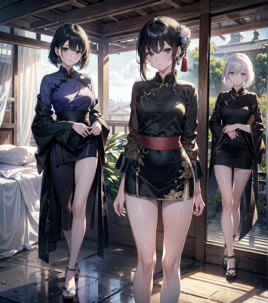 absurdres, RAW photo, extremely delicate and beautiful, masterpiece, Best Quality, ultra high resolution, 32k, hyperrealistic, ultra-detailed, Very detailed CG 8k wallpaper, Beautiful Lighting, Perfect Lightning, Realistic Shadows, perfect anatomy, super Detailed skin, perfect figure, Japanese woman, late 20s, very Slim body, narrow waist, very small head, handsome detailed woman, very detailed eyes and face, realistic face proportions, Stunning detailed eyes, Realistic beautiful face, very small face, Realistic small beautiful eyes, tearful mole, earring, beautiful and very thin legs, beautiful and very thin thighs, very huge round breasts, medium hair, black hair, whole body shot, (3 girls:1.2), (cheongsam:1.2),