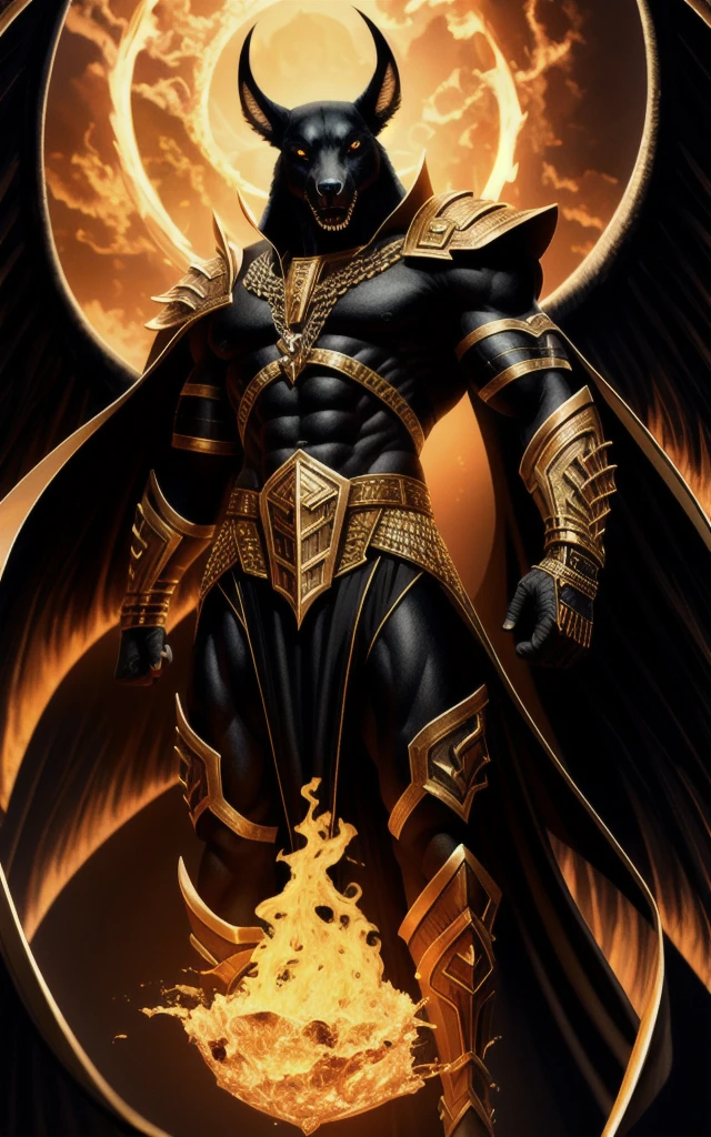 (high quality), photorealistic, (oil painting)
jewelry, (solo),
(dynamic pose), towards right, ((hell gate)), fire, hell landscape, (the underworld), (dark landscape),
anubis, egyptian jackal headed god, anthro, muscular, (holding golden scales), dynamic pose, cinematic, dramatic camera angle, golden armor:0.25, black & gold cape, (good anatomy), (good proportions), award winning, masterpiece, centered,